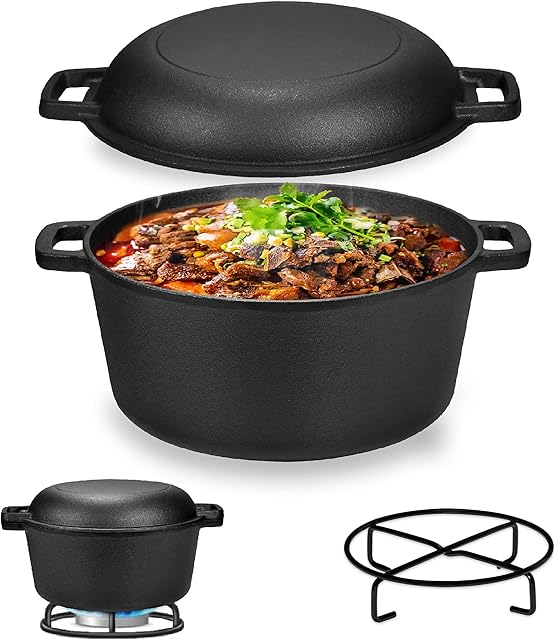 Velaze Dutch Oven Pre-Seasoned Cast Iron Camping Casserole Pot 5QT with Dual Function Skillet Lid for frying, baking, Roasting, Braising BBQ Suitable for All hob Types