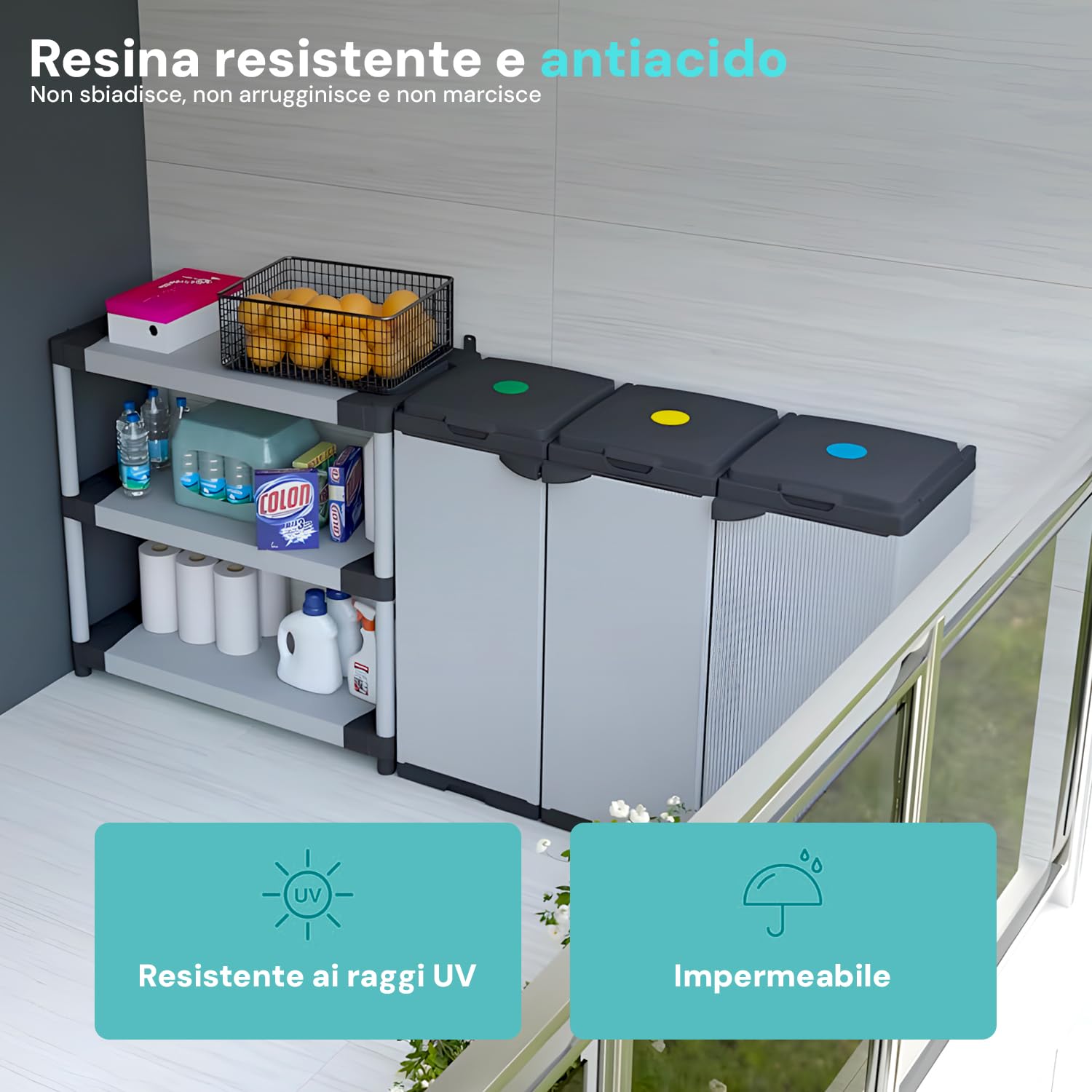 Avilia Mobile Portasacco Tris per Rifiuti 80L - Resina PVC Rinforzata, Resistente alle Intemperie, Ideale per Interni/Esterni - Funzionale per Raccolta Differenziata Domestica