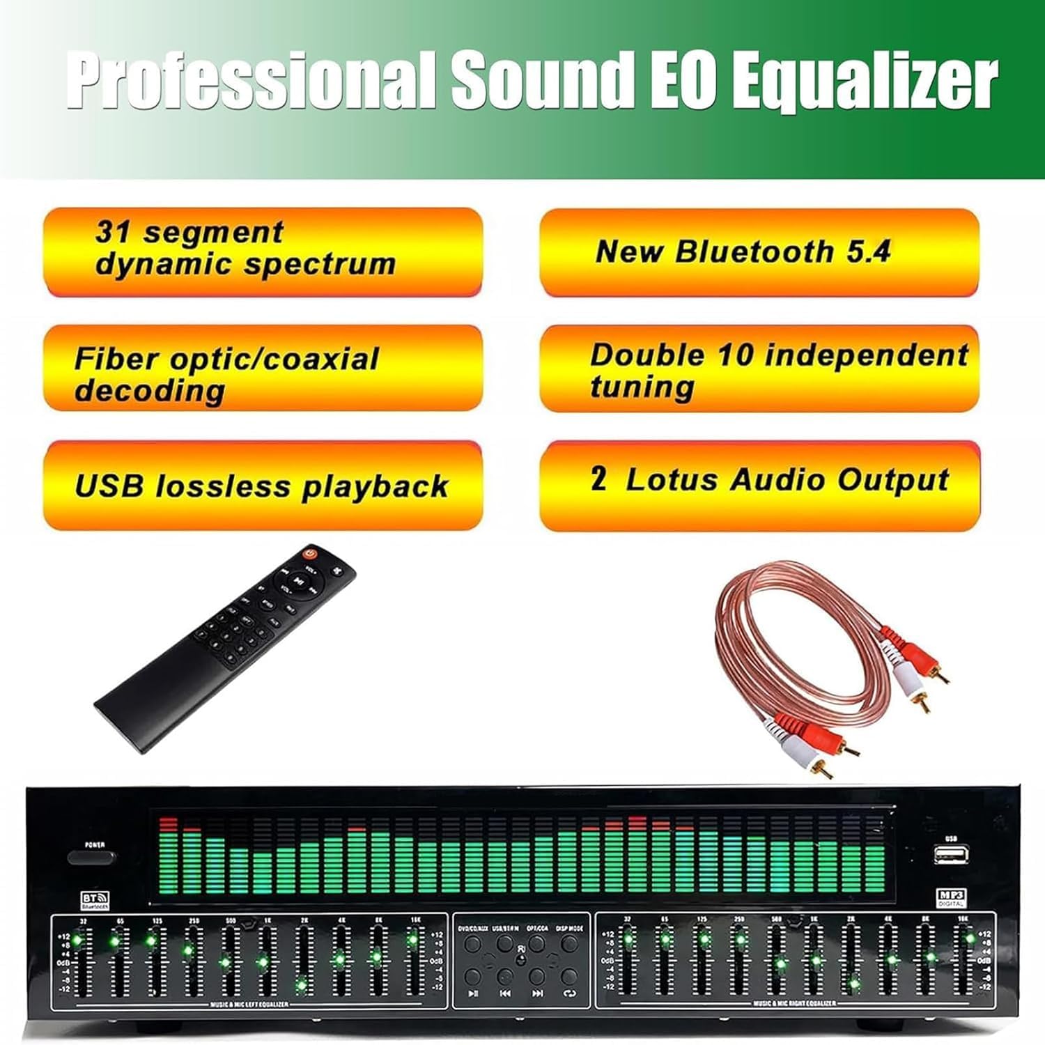 Ecualizador Digital De 31 Bandas, Ecualizador Gráfico De Alta Fidelidad, Ecualizador Gráfico Estéreo, 12 Patrones Rítmicos, Doble Afinación Independiente De 10 Segmentos, Pantalla LED De Espectro