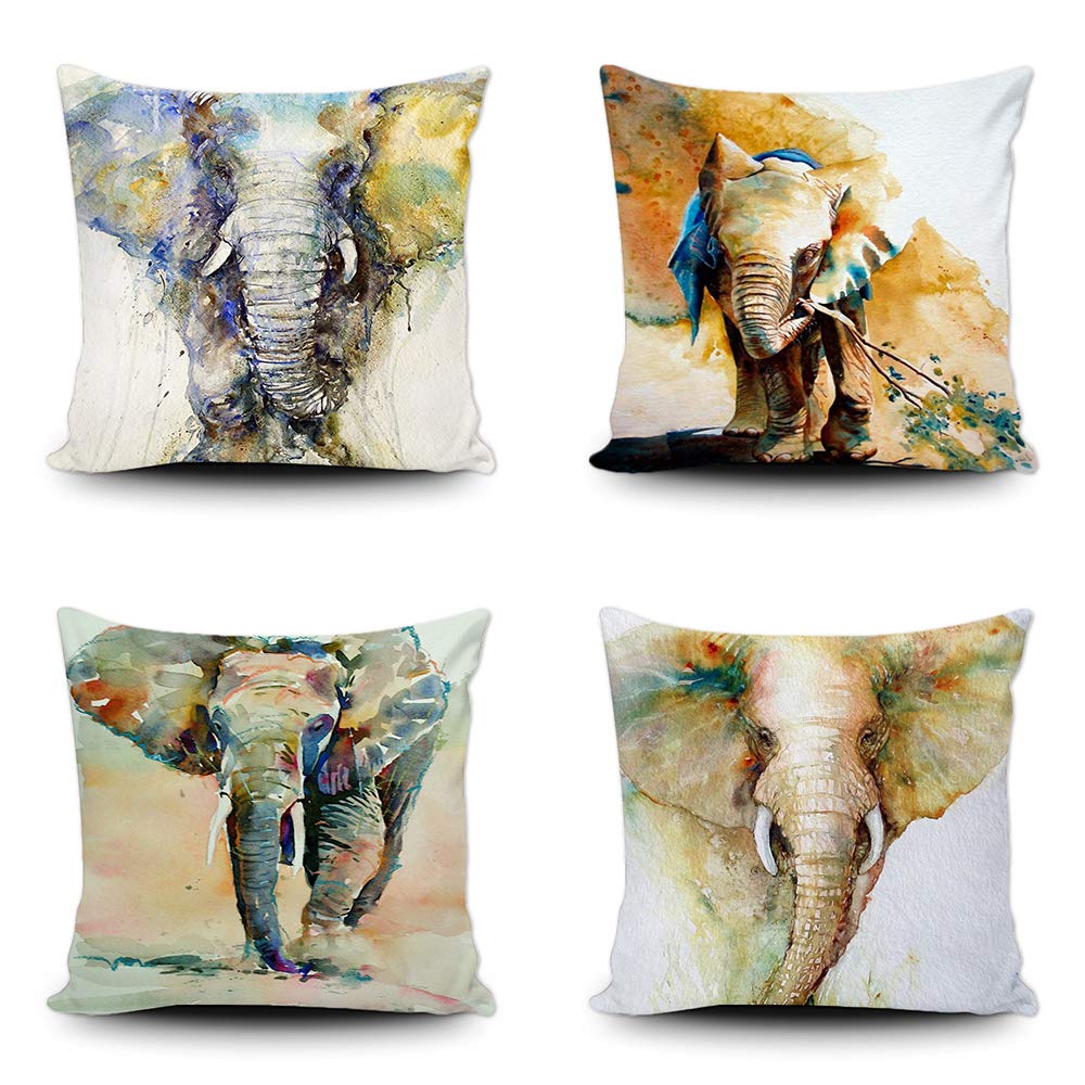 Juego de 4 fundas de cojín, diseño de elefante africano acuarela decorativa funda de almohada cuadrada, 45,7 x 45,7 cm de almohada para cama y sofá
