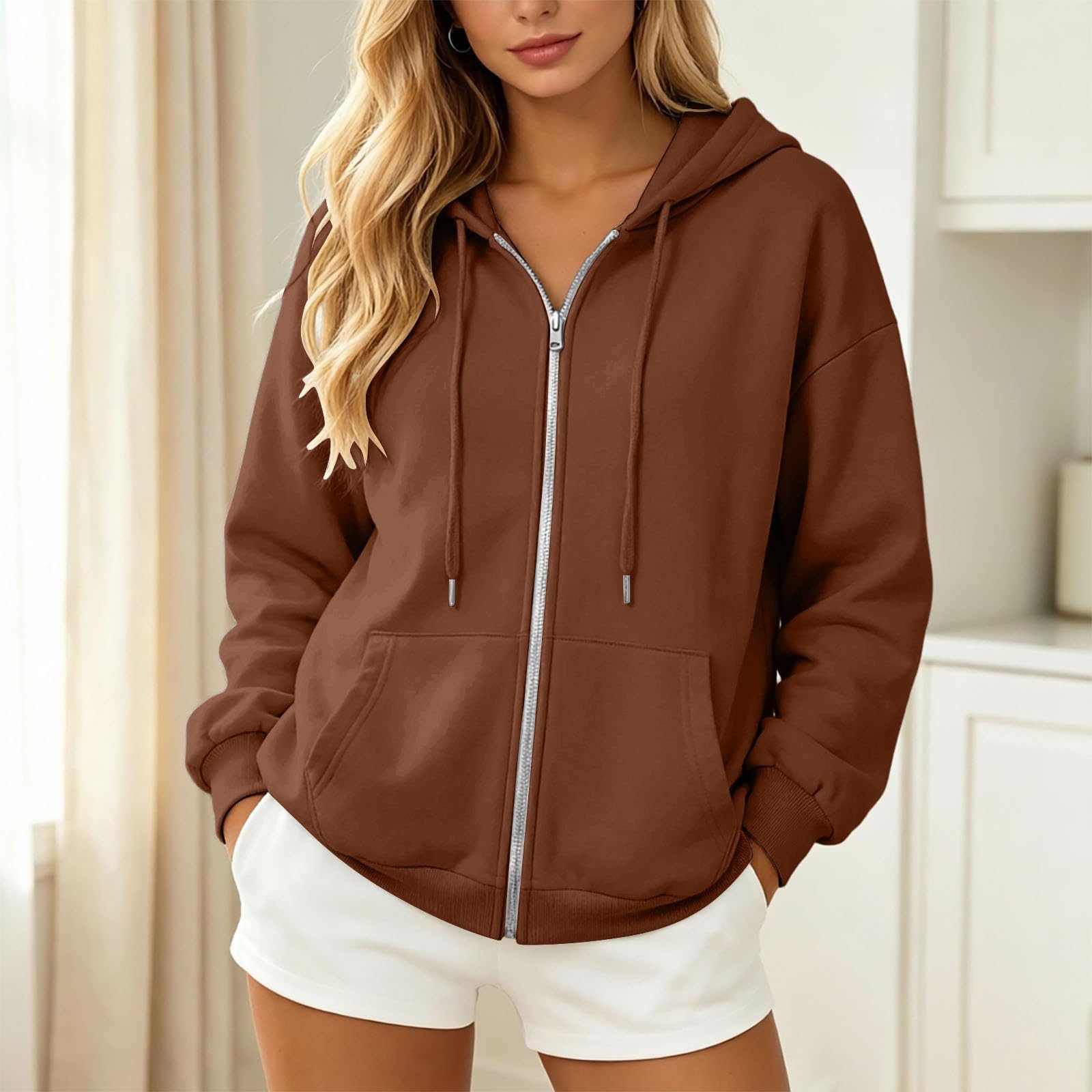 Hoodie Damen Reißverschluss Oversized Strass Flügel Motiv Taschen