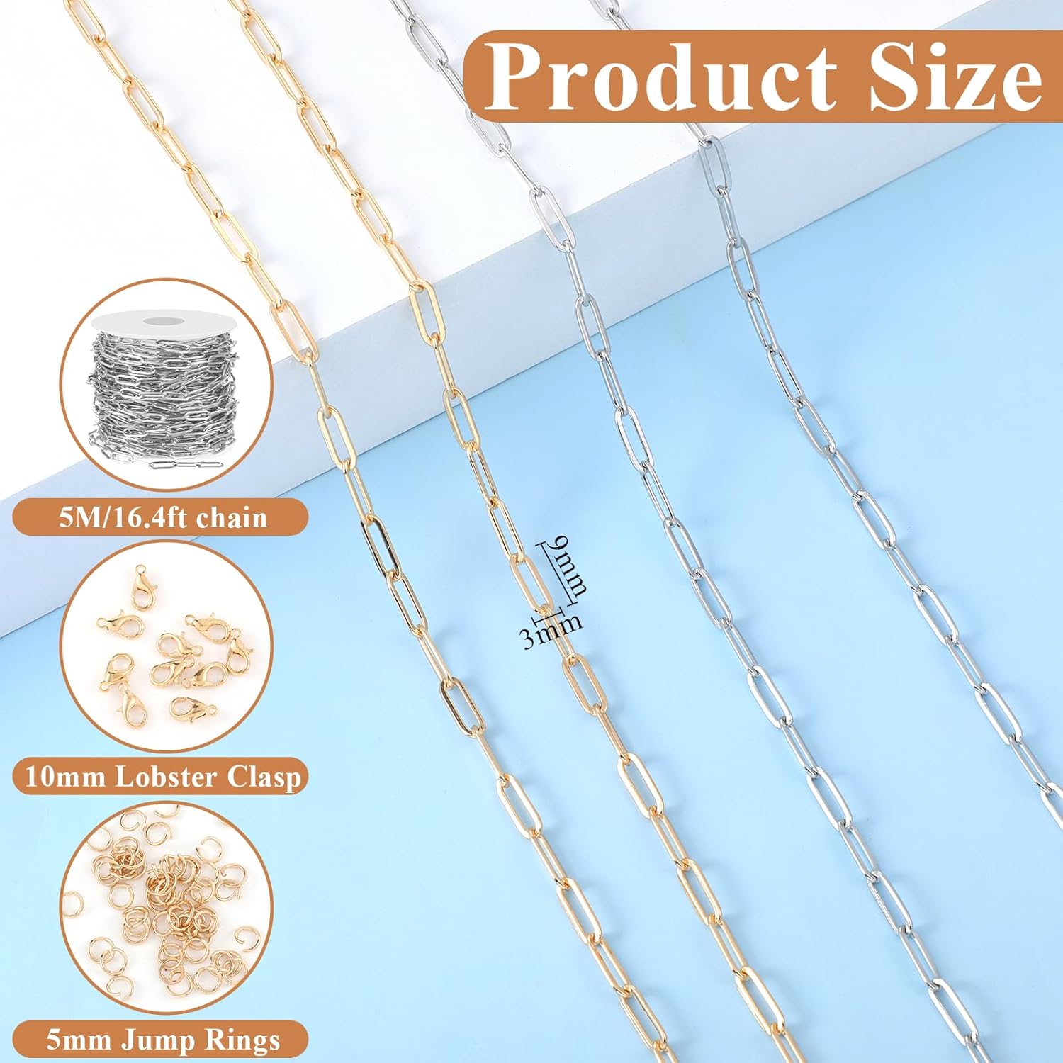 2 Rolls Stainless Steel Chains for Jewelry Making, Gold and Silver Chains with Lobster Clasps and Jump Rings, DIY Craft Jewelry Chain, Paperclip Chain on Spool with Findings - Image 2