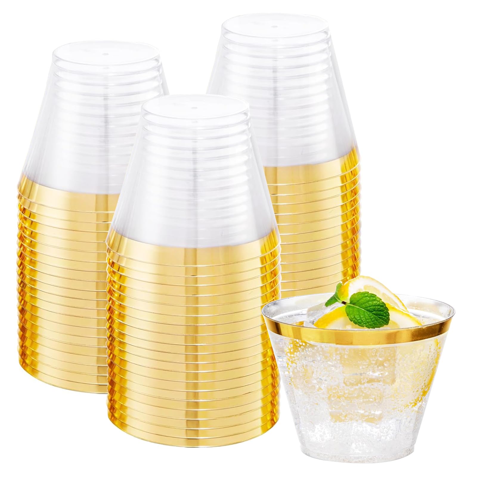 ZkateTrade 50 Piezas Vasos de Plástico Duro Transparente con Borde Dorado, 270ml Vasos Plastico duro Reutilizables Resistentes y Reutilizables para Bodas, Cumpleaños, Navidad, Fiestas