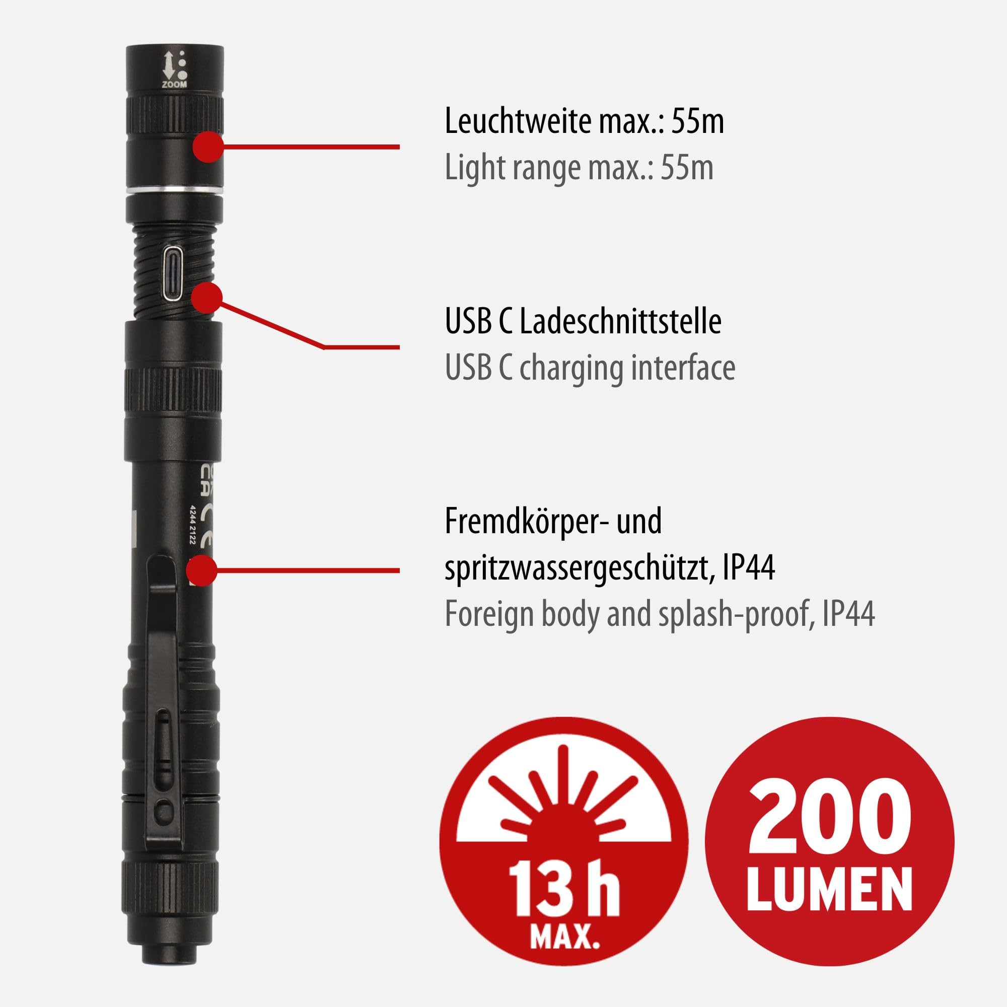 Brennenstuhl linterna recargable LED LuxPremium TL 210 AF/lámpara de mano con brillante Osram-LED (200lm, hasta 13h de autonomía, 55m de alcance luminoso, resistente a salpicaduras IP44)