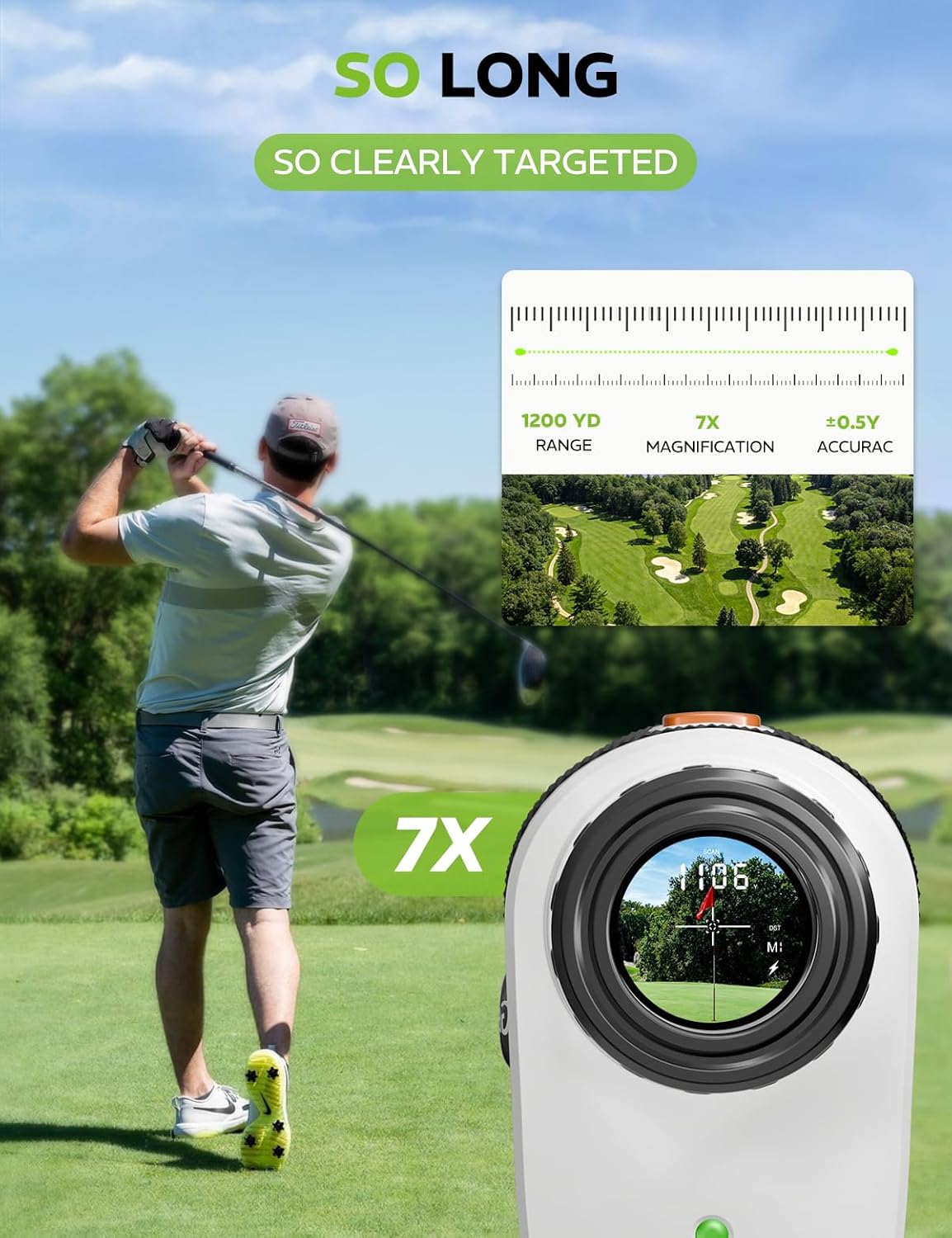 Zapdos Golf Rangefinder with Slope, 1200 Yards Laser Range Finder for Golfer, 7X Magnification Flag Pole Locking Vibration Rechargeable Range Finders Golf Accessories for Men, White