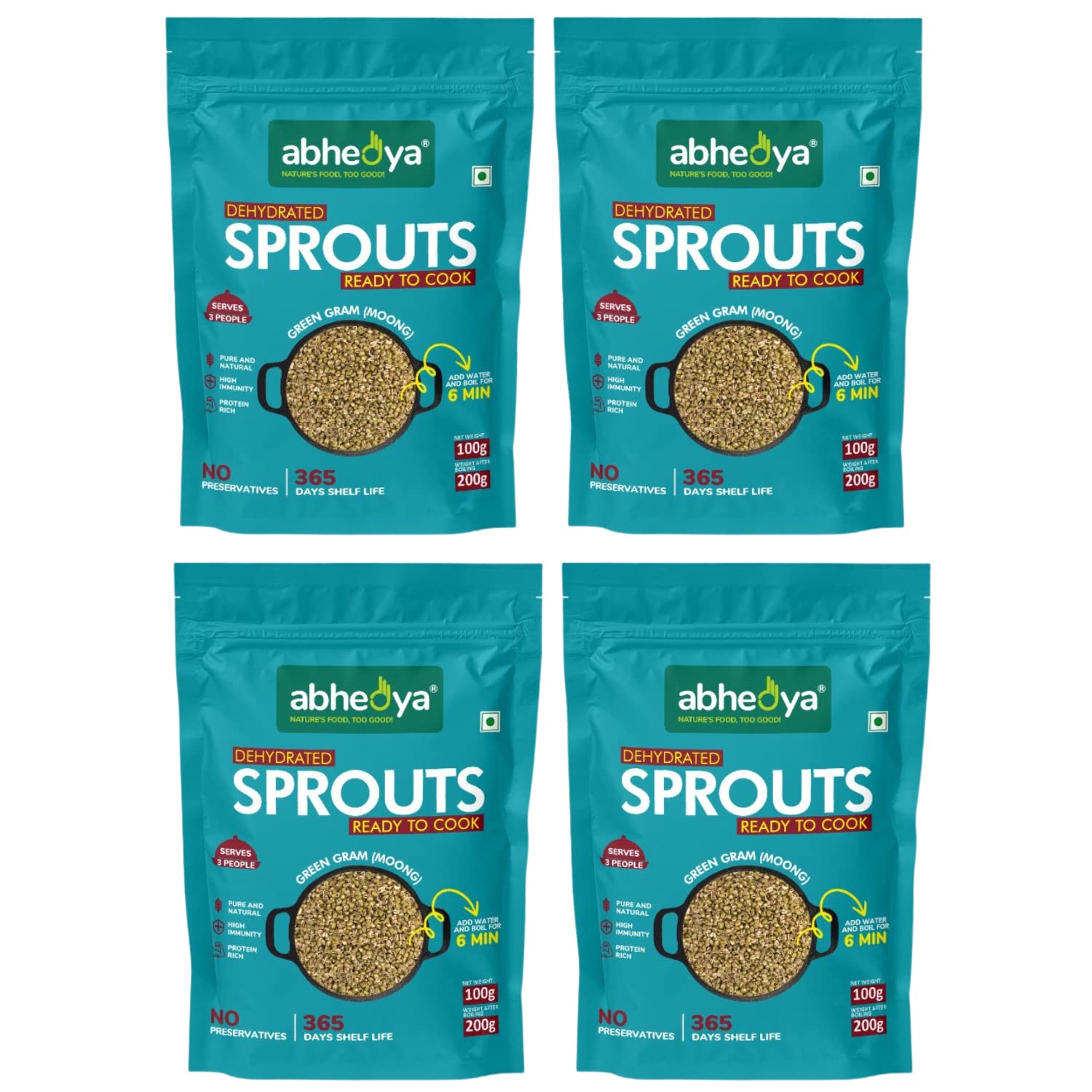 Abhedya® | Dehydrated Sprouts | No Preservatives | 365 Days Shelf Life | 100% Natural | High Immunity | Protein Rich | Instant Ready to Eat Sprouts | Gluten Free Vegan Plant Based | Moong 100g 4 Pcs