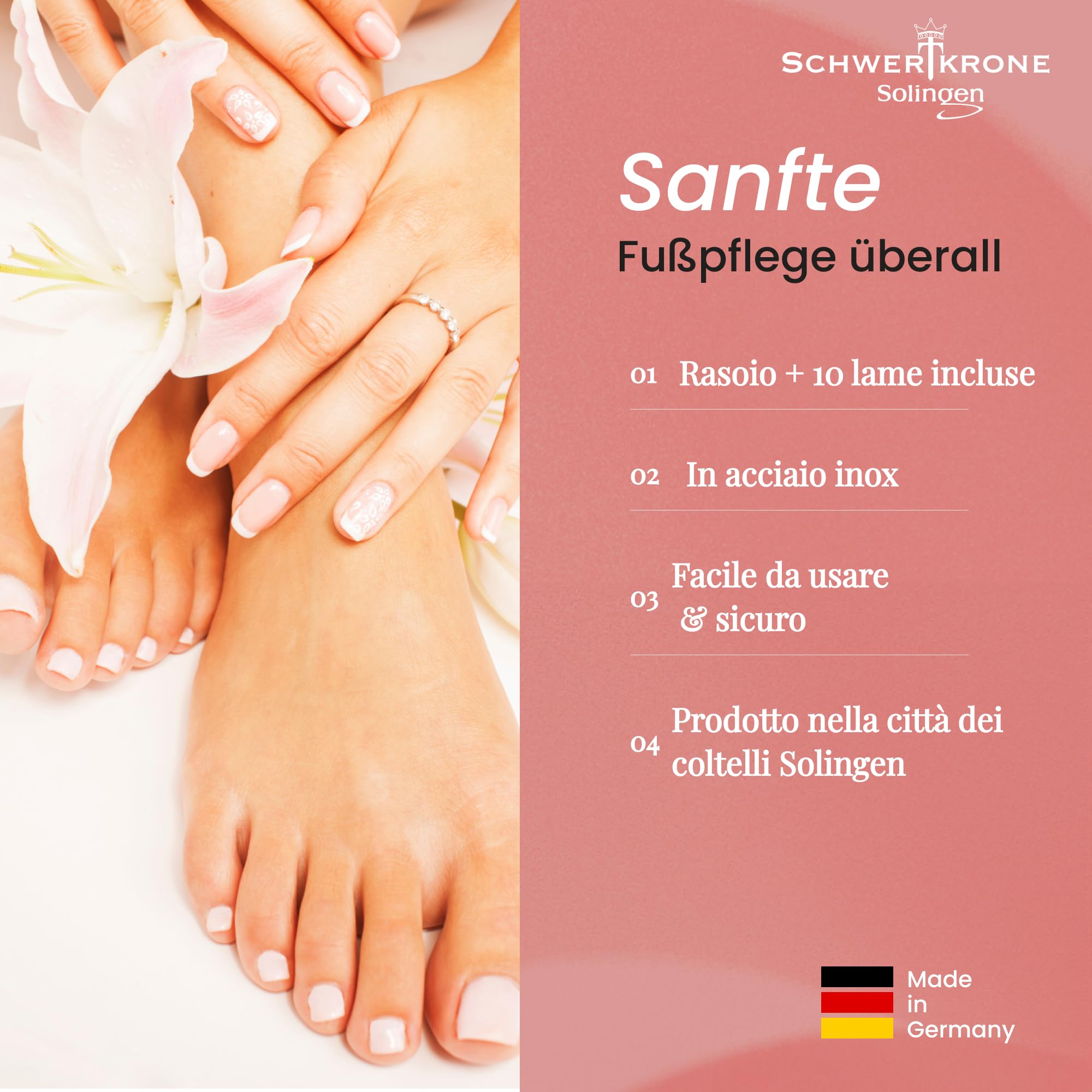 Schwertkrone Set per calli con 10 lame [Made in Solingen – Germania] – Pialla per calli – Rimozione calli con lame di ricambio – Strumento per la cura dei piedi per uomini e donne – Pedicure