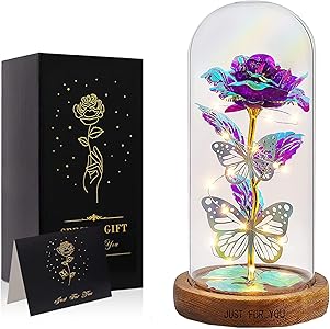 هدية زهرة صناعية ملونة من دي اتش بي تيك، وردة على شكل فراشة في قبة زجاج بإضاءة LED، هدايا عيد الميلاد للنساء والأمهات وا