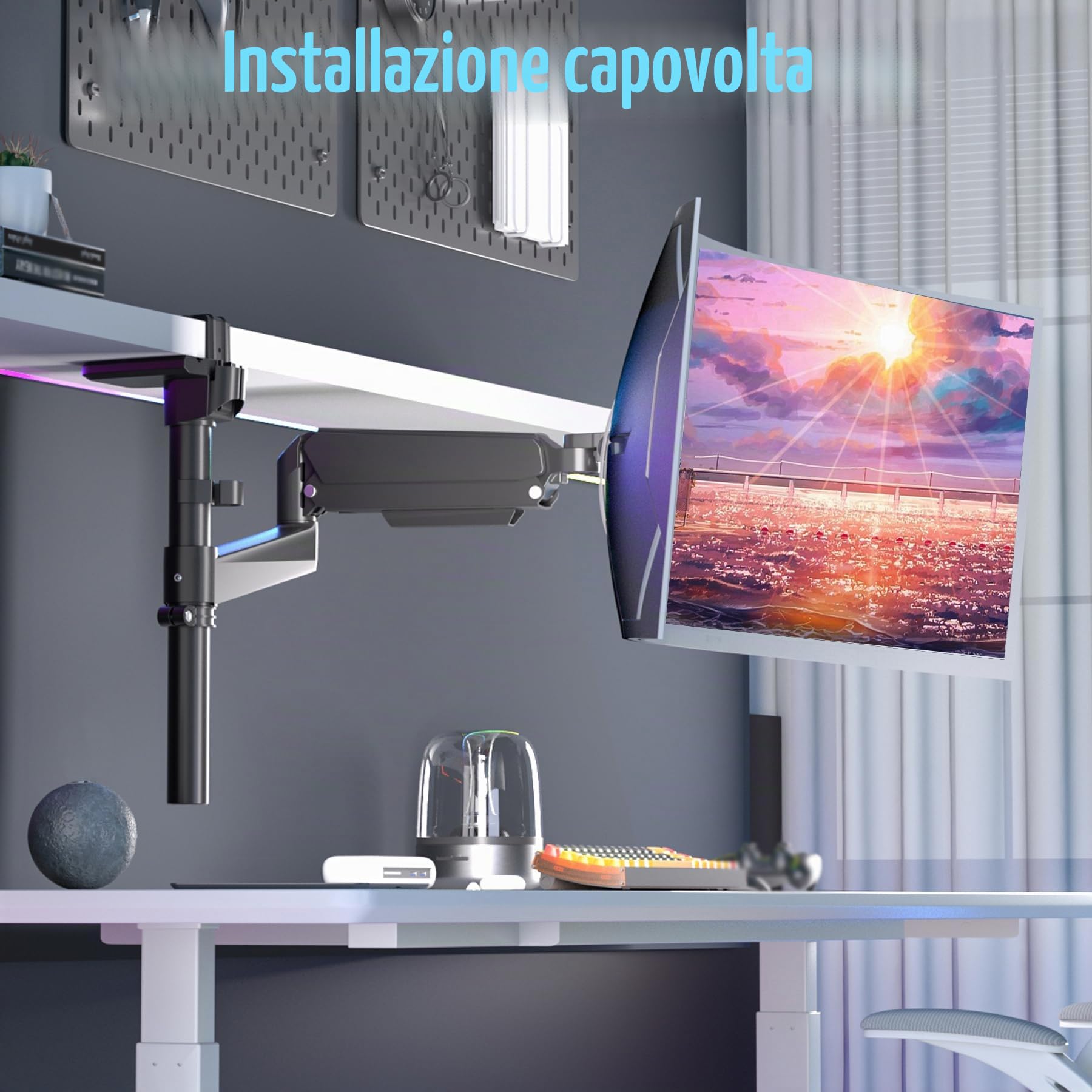 Braccio Monitor Nero per Schermi Ultralargo da 17 a 60 Pollici,Supporta 20kg, Supporto Monitor a Molla a Gas Regolabile in Altezza Con Asta, Ergonomia Rotazione VESA 75x75/100x100mm