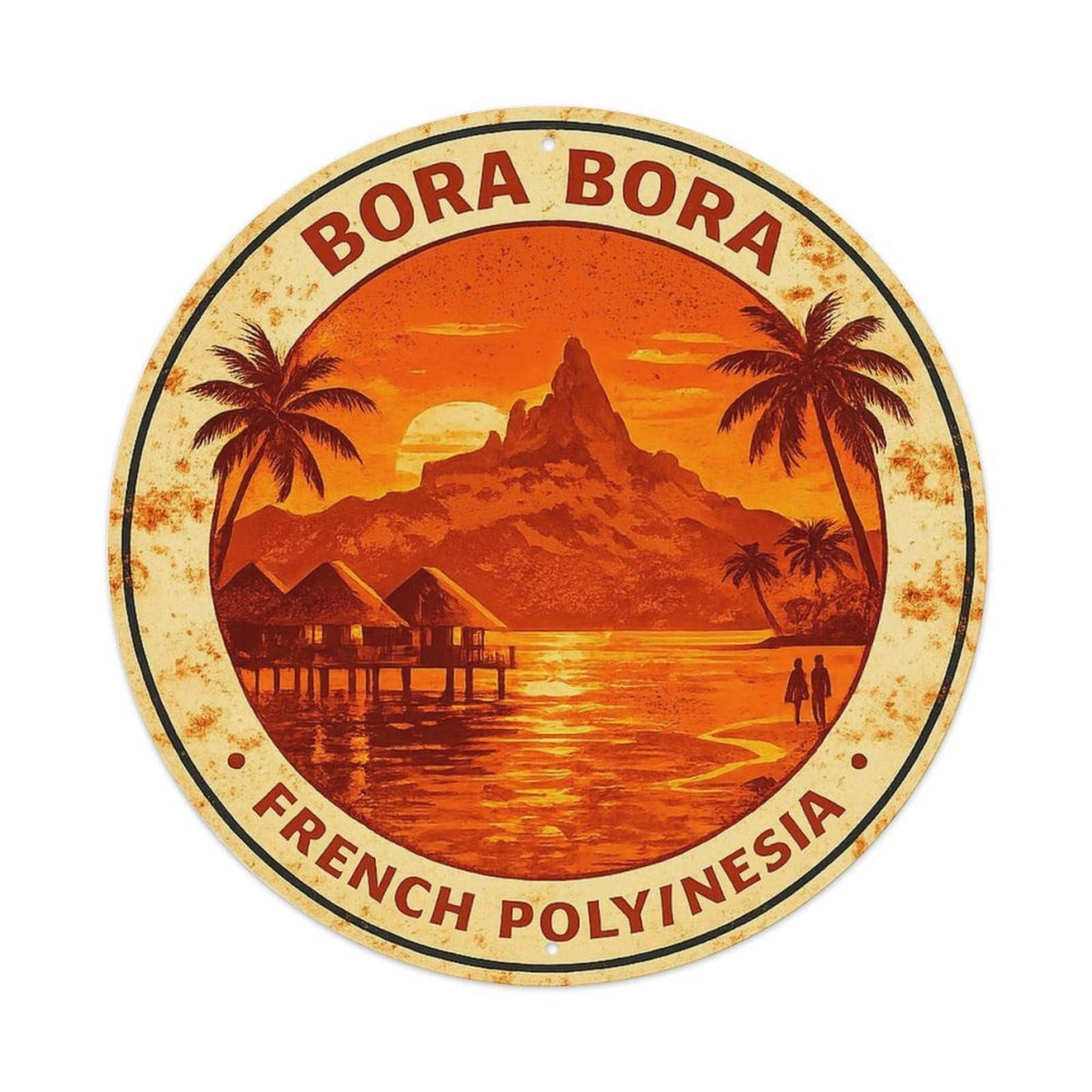 Olyhtr 8X8inch Classic Style Retro Borabora Overwater Bungalow Sunset Lagoon Metal Tin Sign