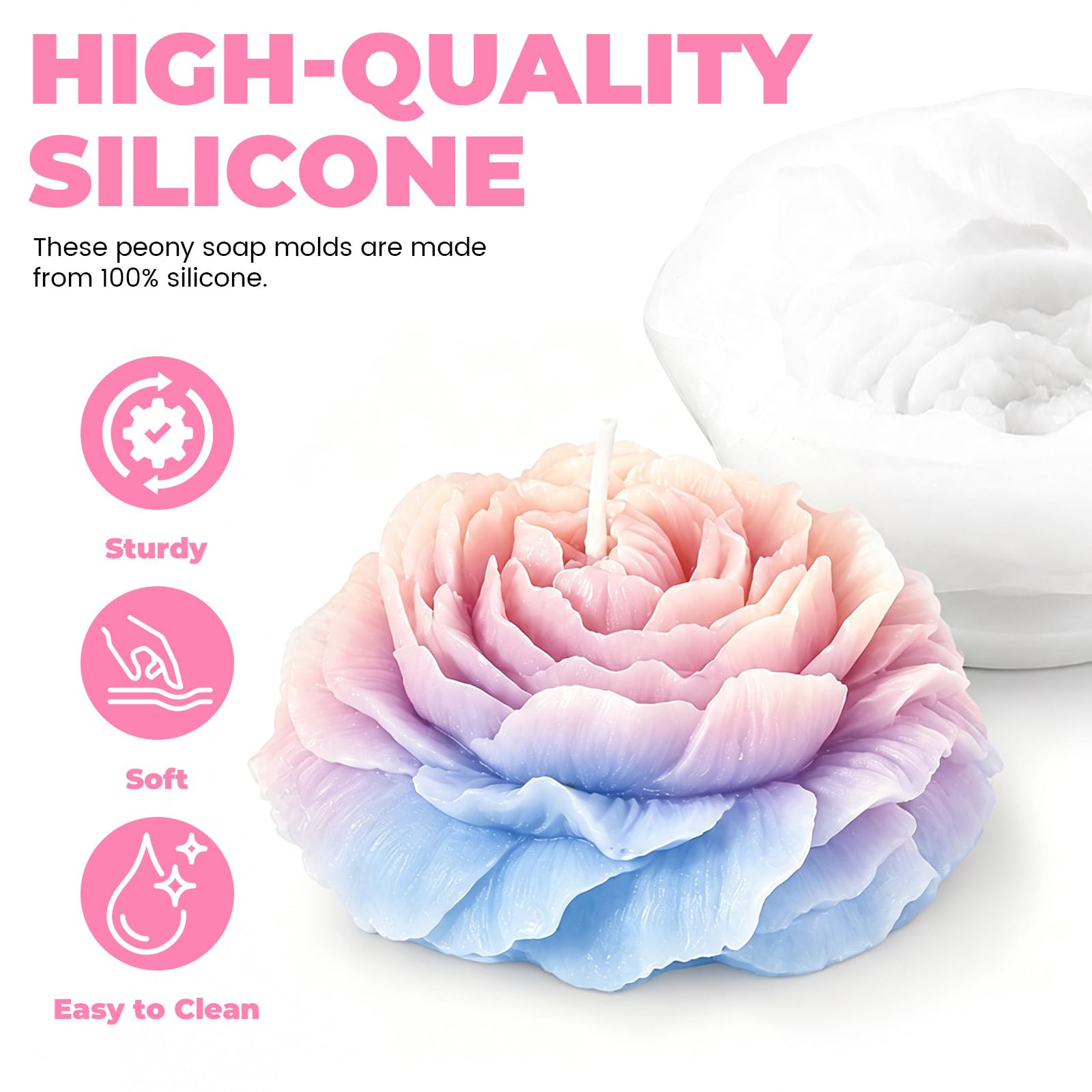 Paquete de 3 moldes de silicona 3D de flores de peonía para hacer velas, con 15 mechas de vela, moldes de flores para cera de soja, resina epoxi, jabón, fondant, chocolate, mediano