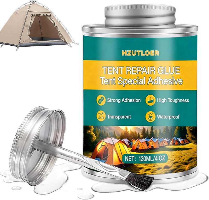 4OZ Tent Repair Glue,Waterproof Tent Adhesive with Brush,Tent Seam Sealer,Clear Flexible Sealant for Tent,Sleeping Pad,Awning & Outdoor Fabric,Works on Nylon,Canvas,Vinyl