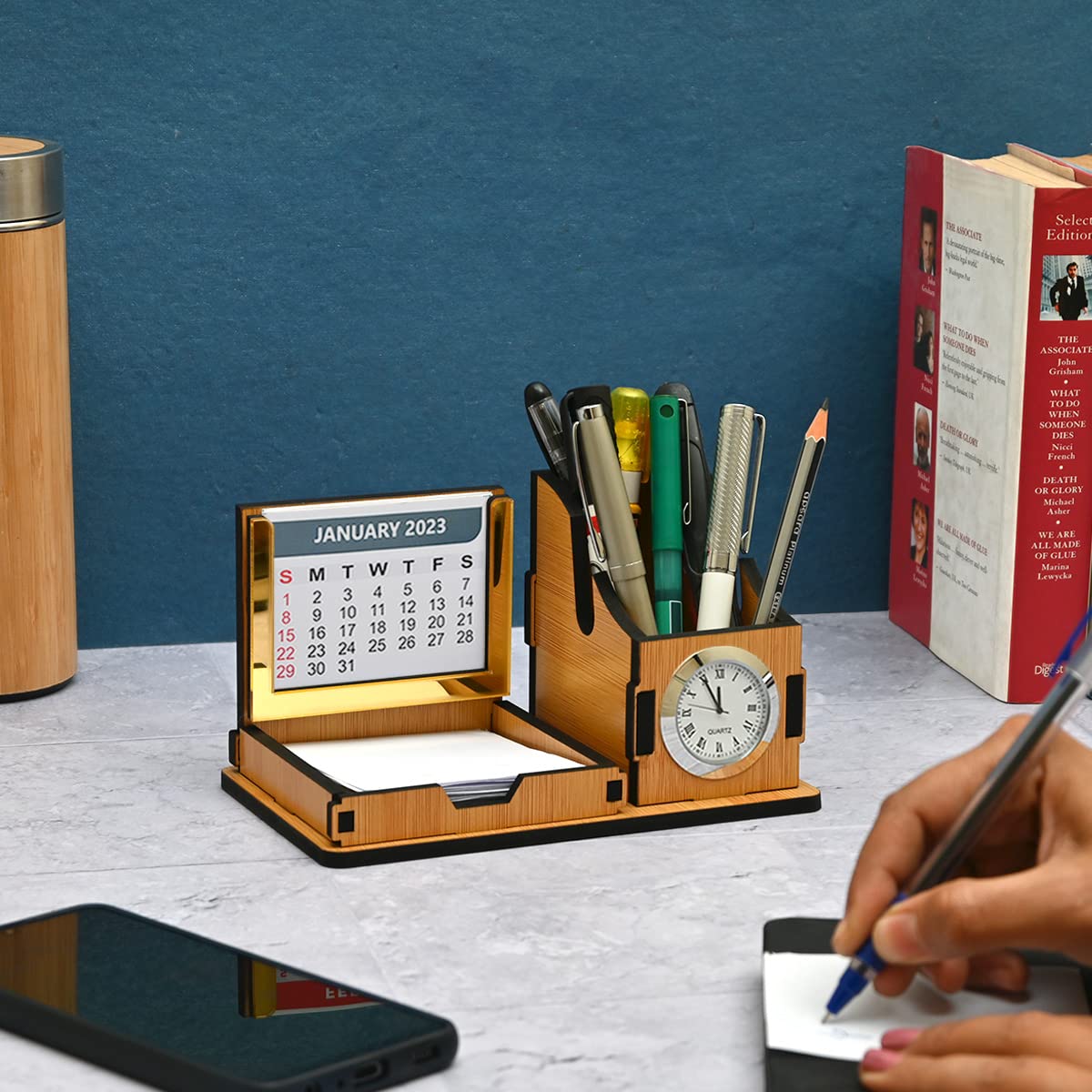 Gift Kya De GKD Desk Organizer With Clock & Calendar/Office Table Accessories/ 2024 Calendar For Office Desk Wooden Pen Stand With Clock/Corporate Gift/Ecofriendly (Bamboo)