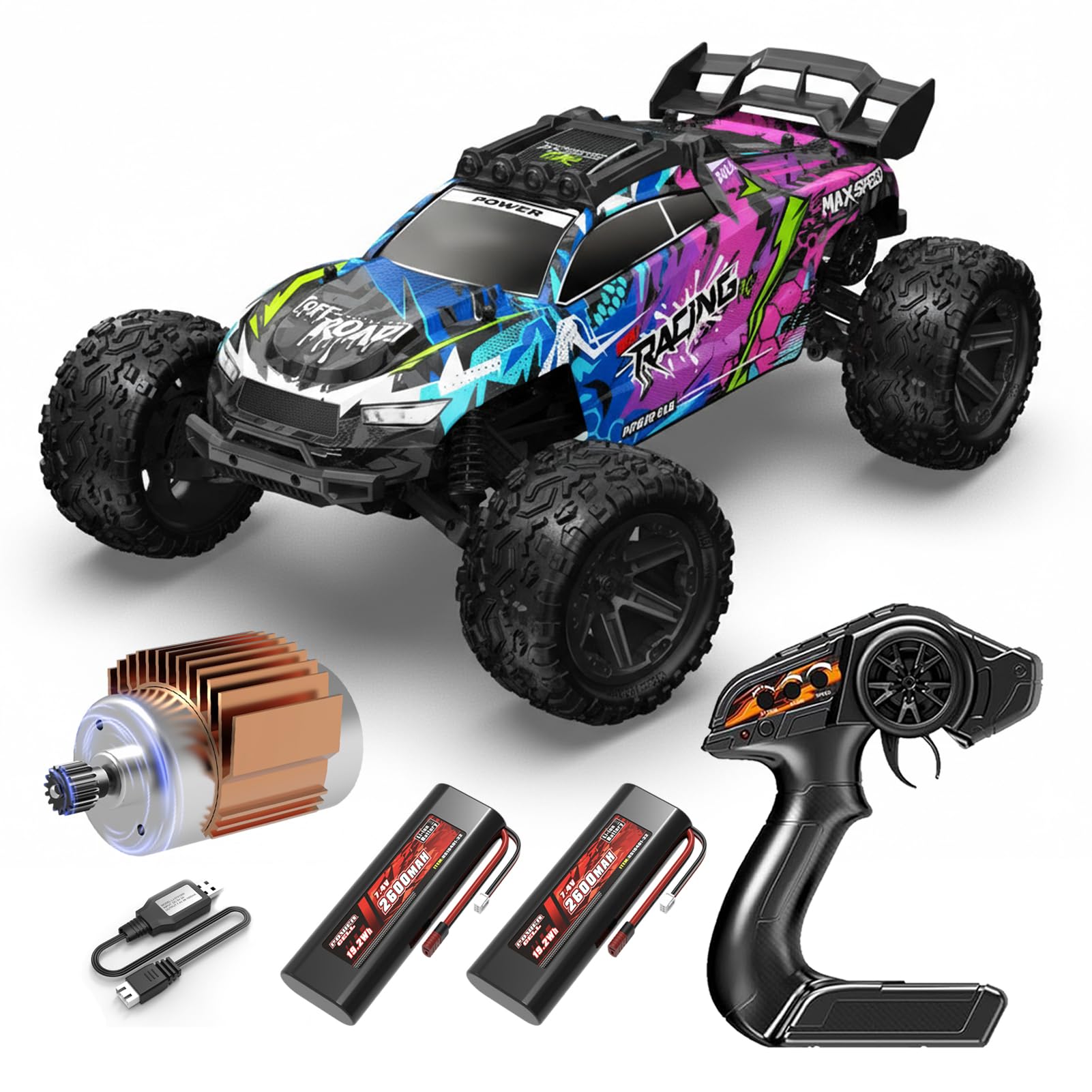 Coche RC 1:8 2WD 50KM/H con 2 Baterías 7.4V 2600mAh, Motor RC550, Control Proporcional 2.4GHz, Coche Todo Terreno con Luces LED, ESC 45A, Servo 6KG, Regalo Niño Adulto