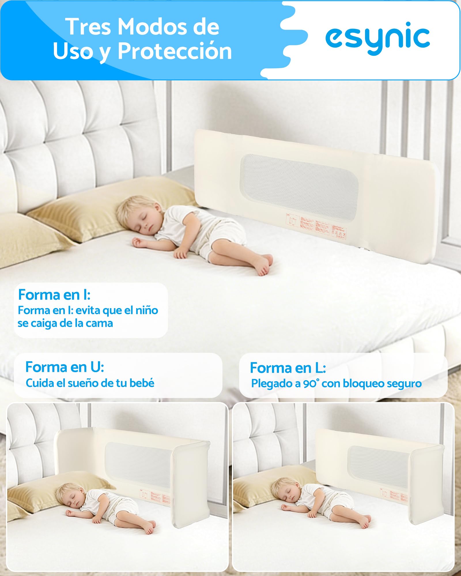 eSynic Barandilla Cama Infantil Plegable 150cm Ajustable en Altura Barrera de Cama para Niños y Bebés Protector de Seguridad Compatible con Camas Individuales Dobles y Grandes Ideal para Viaje y Hotel