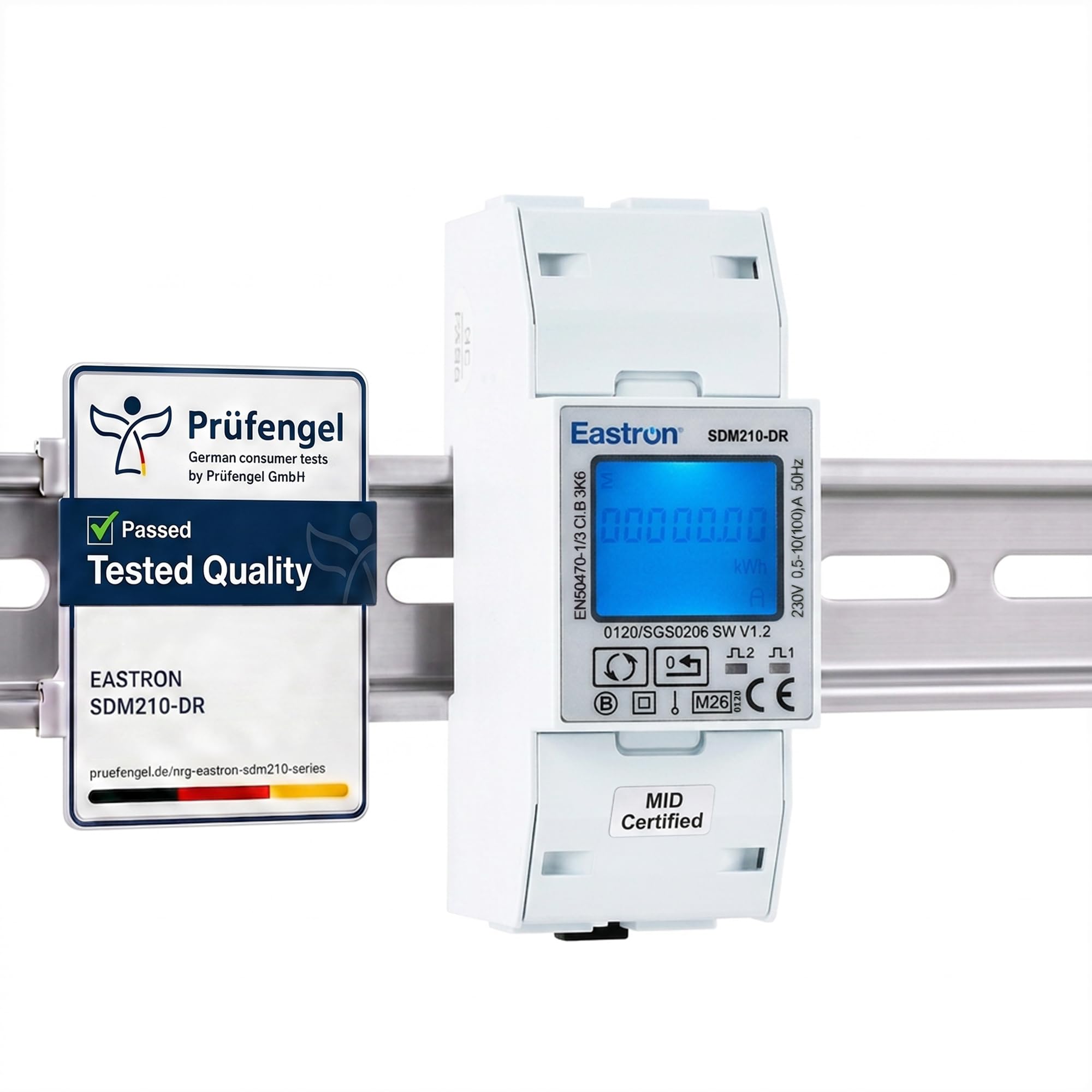 Compteur d'énergie monophasé Modbus, avec entrée électrique - 100A, sortie impulsionnée fixe 1000imp/kWh - Nécessite des entrées de tension secteur (phase et neutre entrée et sortie) - SDM210-DR-MID