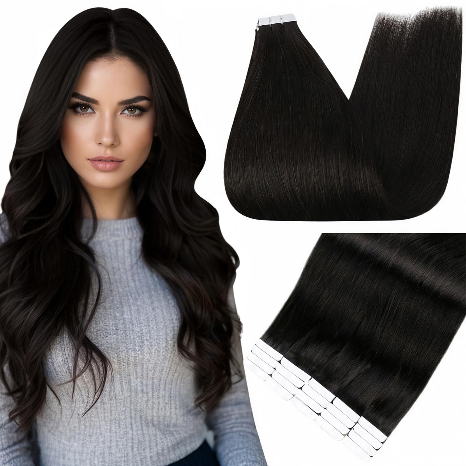 Full Shine Double Sided Tape in Hair Extensions 16 Inch Color 1B Off Black Invisible Brazilian Human Hair Tape in Extensions 20 PCS Straight Seamless
