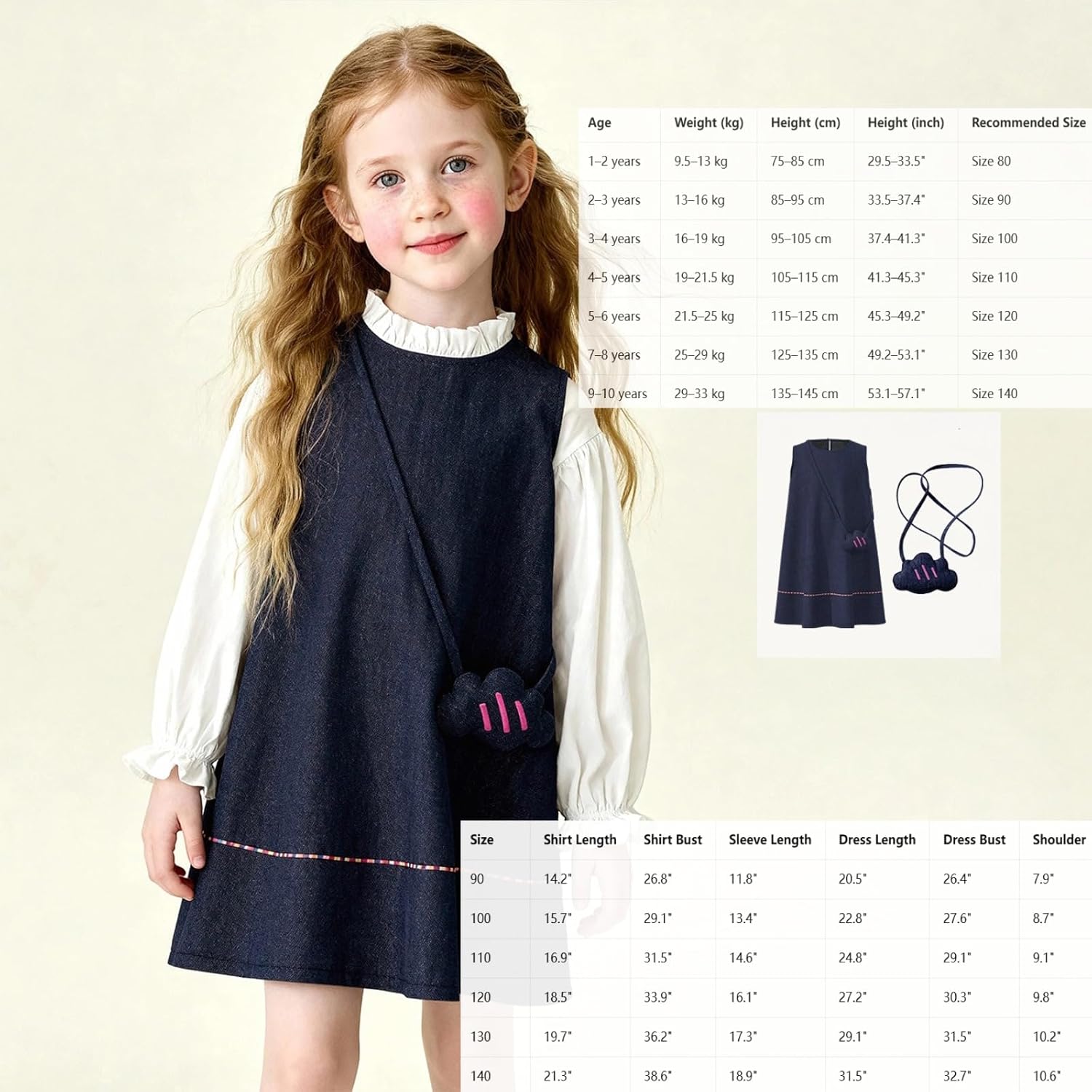 Girls 2-Piece Cotton Set – Ruffle Blouse and Navy Blue A-Line Pinafore Dress for School & Everyday Wear, Ages 2–10