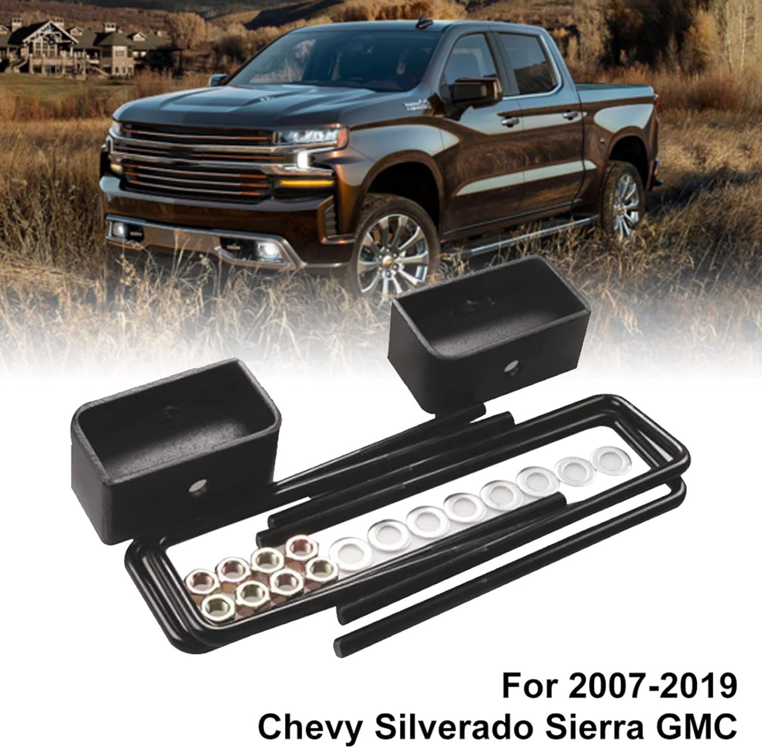 2 inch Rear Leveling Lift Block Kit For 2011-2019 GMC Sierra Chevy Silverado 2500HD 2WD 4WD Square Leaf Spring Axle U Bolts Set