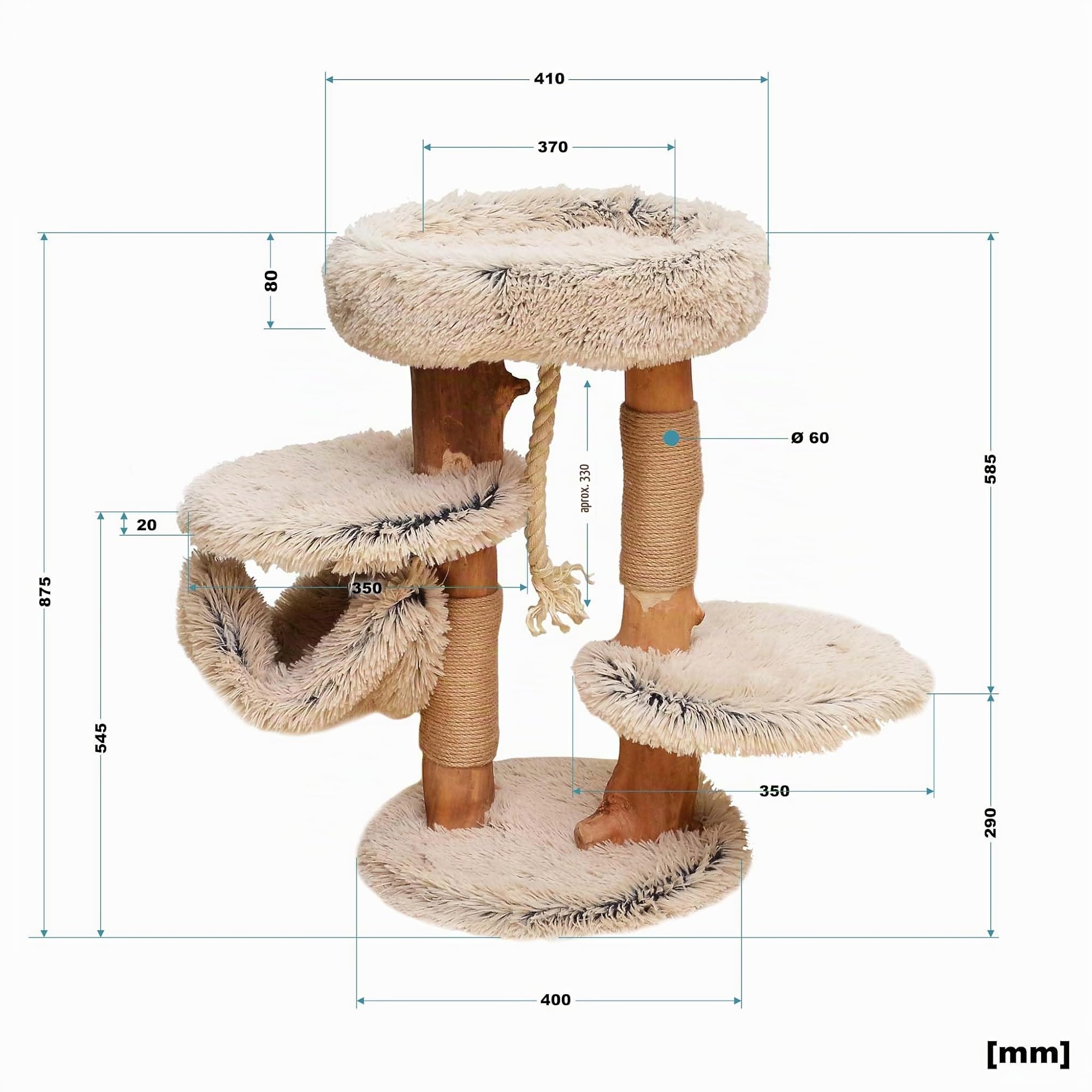 Fudajo Árbol rascador de diseño para Gatos 87,5cm con hamacas, Peluche y Troncos de Madera de peral
