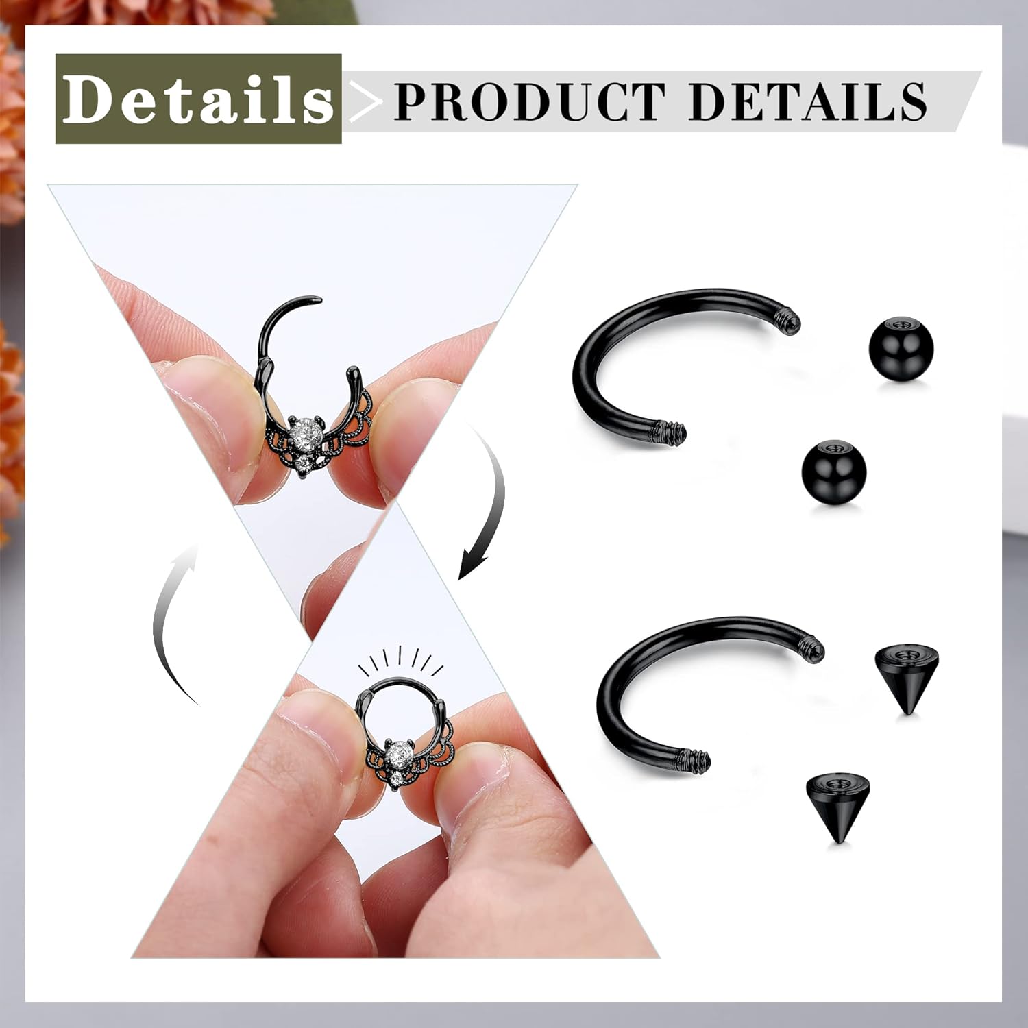 Besteel 12Pcs Septum Rings 16G Daith Earrings Nose Rings Hoop Stainless Steel CZ Opal Cartilage Helix Tragus Earrings Septum Clicker Piercing Jewelry Silver Black Rose Gold - Image 3