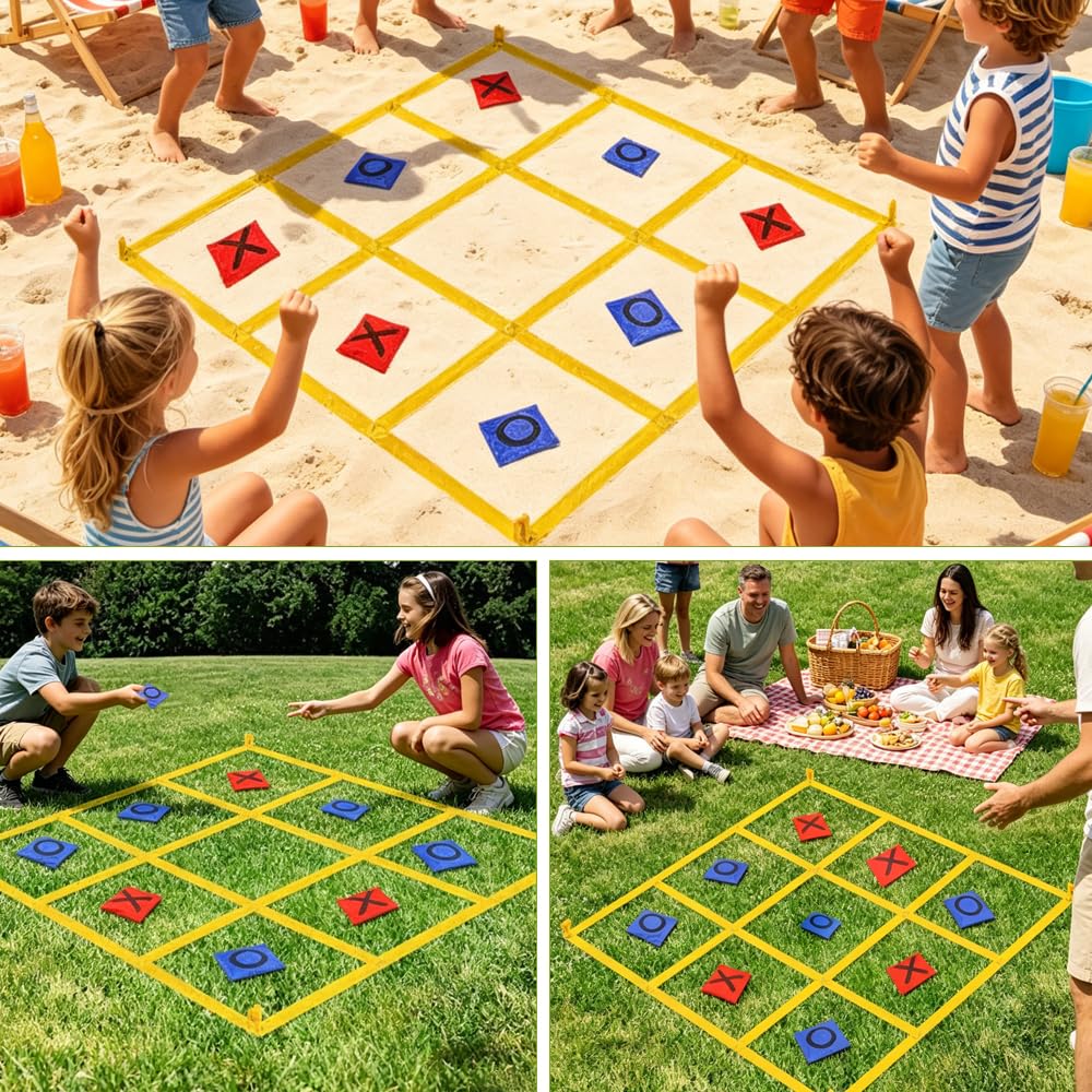 Riesiges Tic Tac Toe Outdoor Spielset für Kinder und Erwachsene, 1,2m Faltbares Wurfspiel mit 10 Bohnensäckchen und 4 Heringen, Tragbar Sackwerfen Spiel für Garten, Strand und Camping