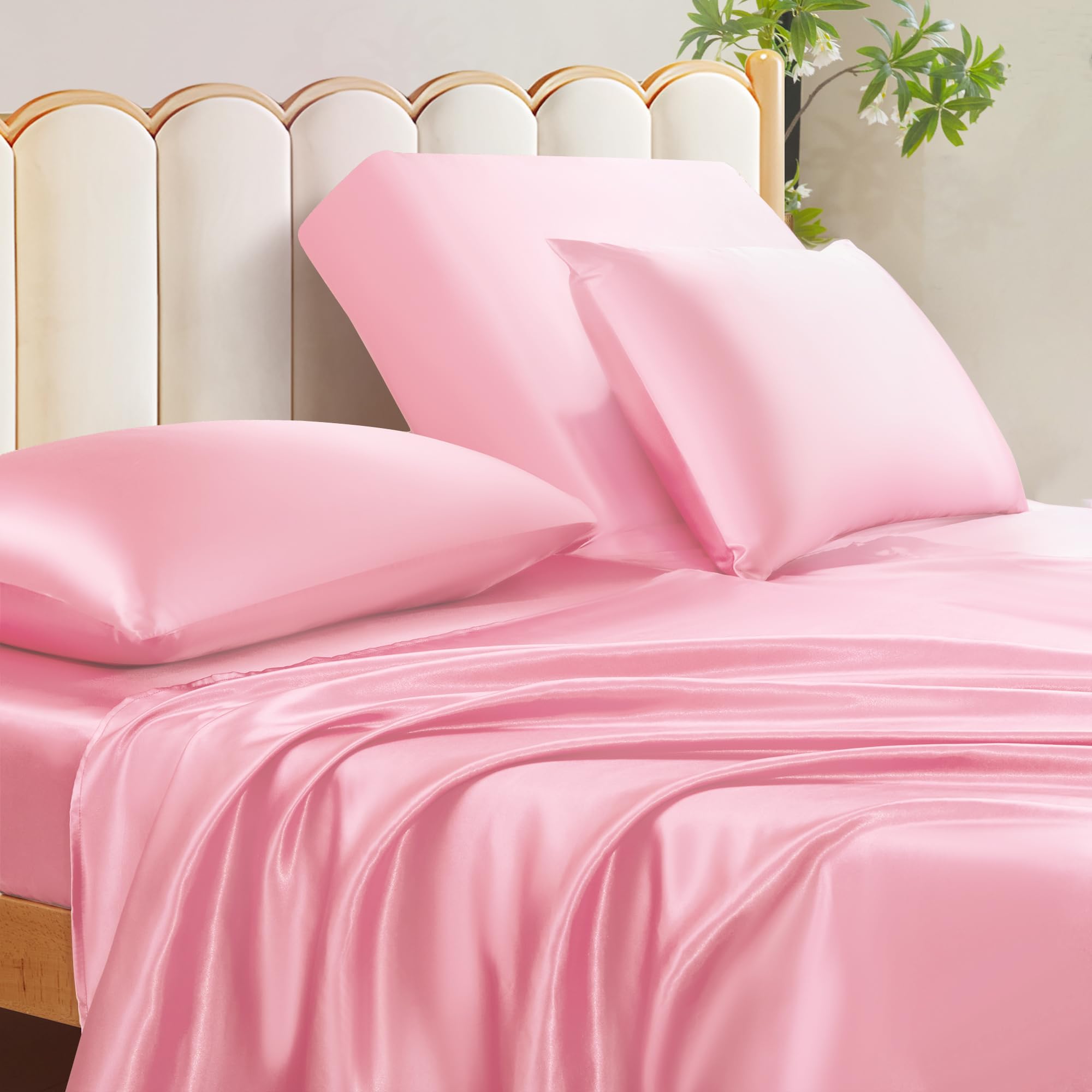Manyshofu 4Pcs Half Split Flex Head California King Sheets Sets for Adjustable Bed, Satin Split Cal King Bed Sheets Silky Pink Satin Sheets Top Flex