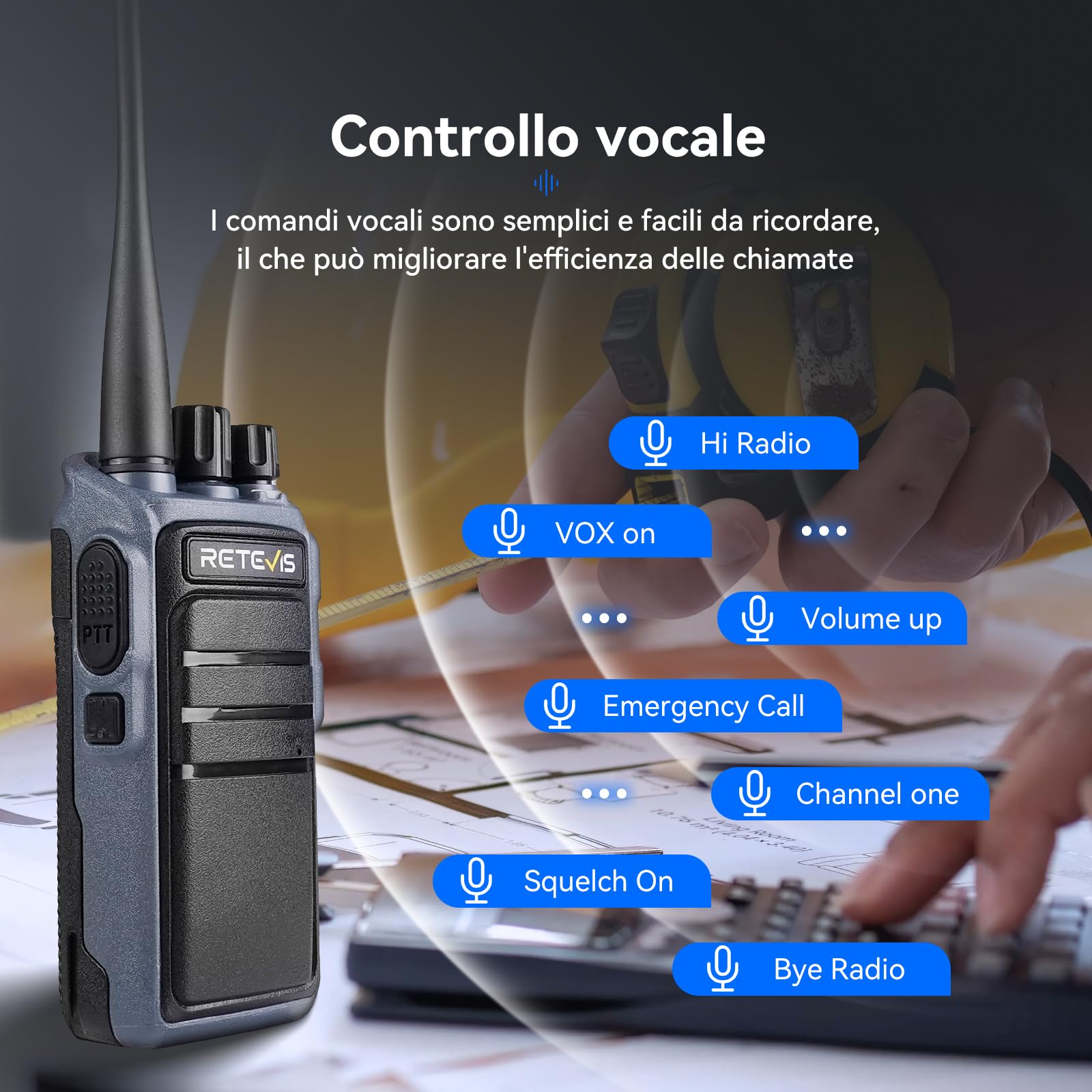 Retevis C64 Walkie Talkie Lunga Distanza, Radio Bidirezionali con Riconoscimento Vocale Intelligente, Riduzione del Rumore, Radio Portatile con Auricolare per Ristoranti, Hotel (Nero, 4 Pezzi)
