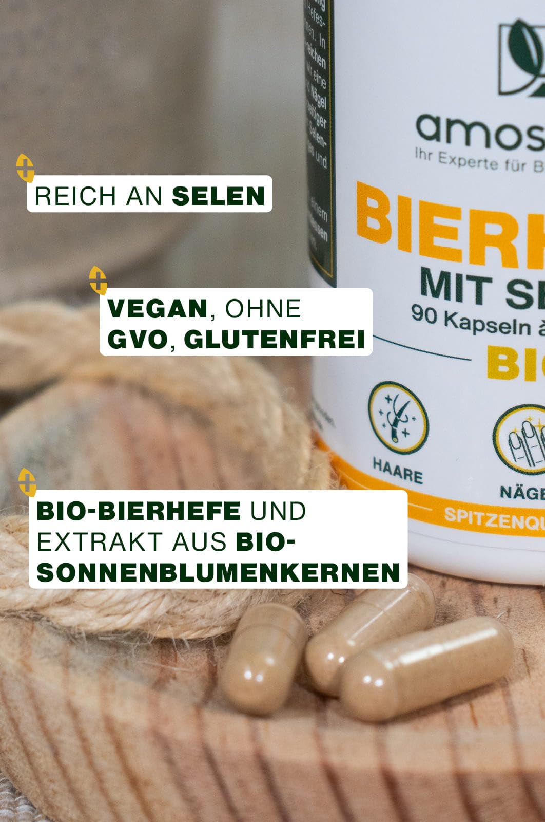 BIO-Bierhefe | Haare und Nägel | Lebendhefe, 1200mg / Tag, Glutenfrei | Angereichert mit Selen | 90 vegane Kapseln | Spitzenqualität