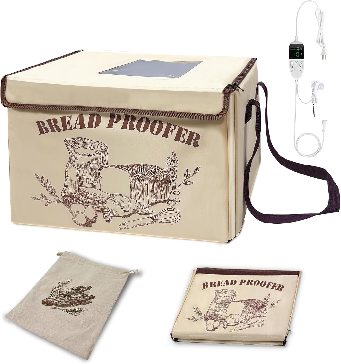 Foldable Bread Proofing Box, Versatile Dough Proofer, Upgraded Warming Basket with 50–113℉ Abjustable Temperature & Timer, Linen Bread Bag, Ideal for Sourdough, Pizza, Yogurt