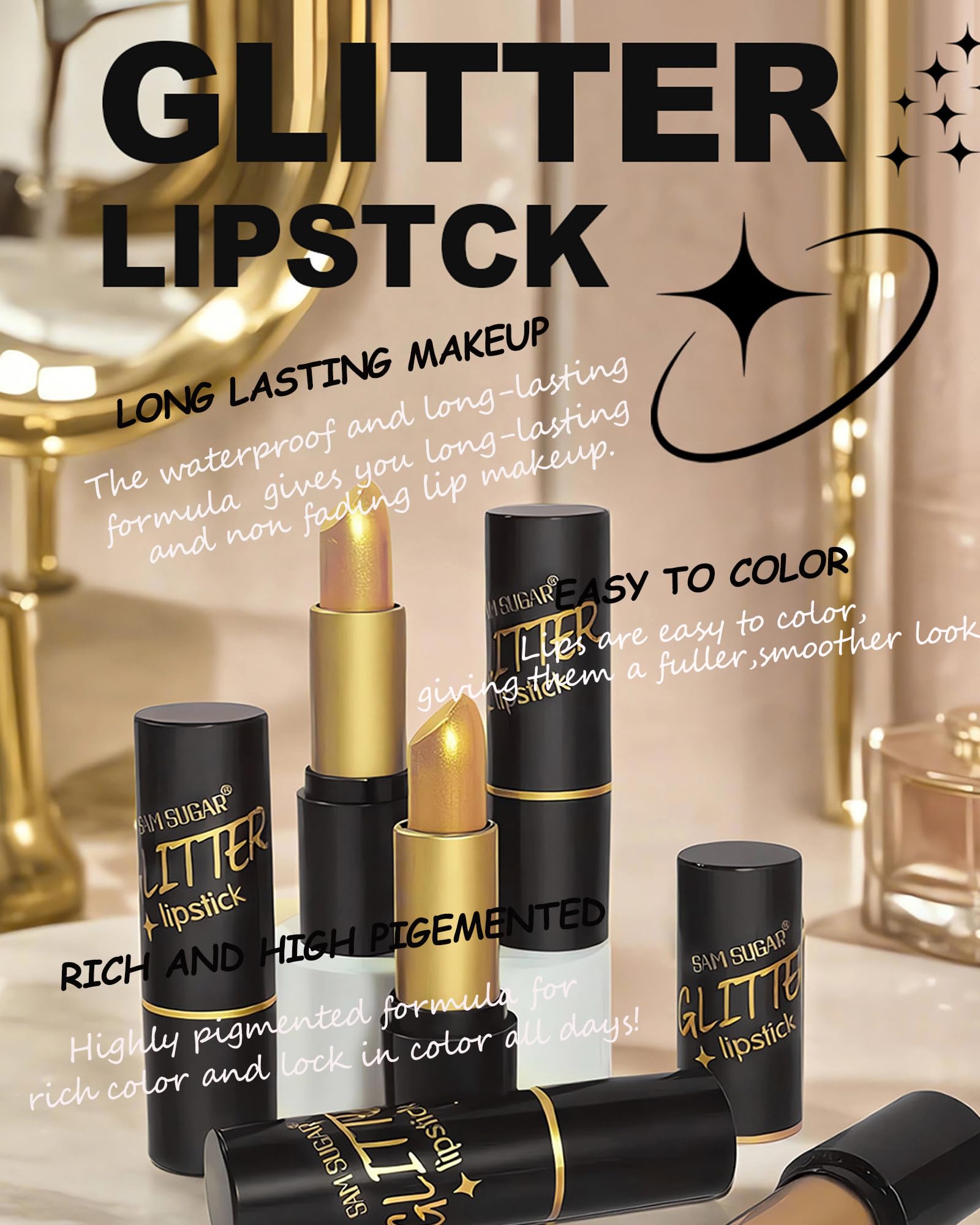 6-teiliges metallisches Glitzer-Lippenstift-Set, funkelnder schimmernder Lippenstift, hochpigmentierter Lipgloss für Frauen, Diamant-glänzend, langlebig, 24 Stunden wasserdicht, antihaftbeschichtet