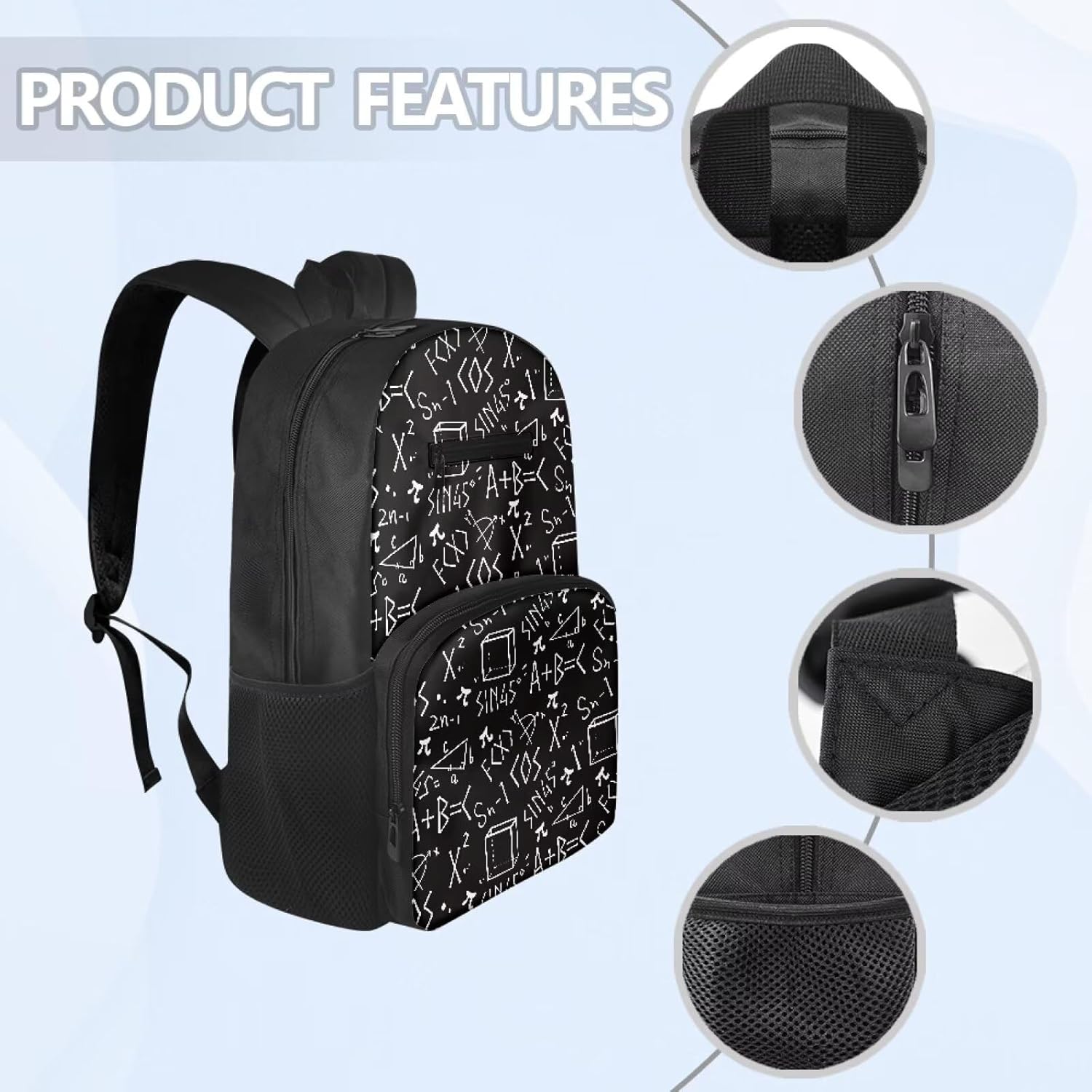 Backpack for Boys Girls, Durable Polyester School Bag, 16.9 In Lightweight Design, Multiple Compartments, Side Mesh Pockets for School Travel & Sports Activities, Creative Math Text Print