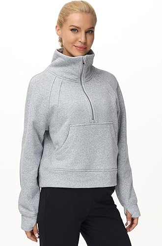 Miniatura 8 de THE GYM PEOPLE Sudadera corta de forro polar con media cremallera para mujer con bolsillos y agujero para el pulgar