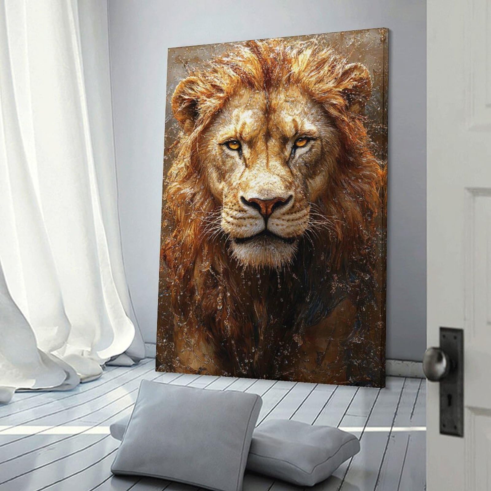 Junmoney Majestic Lion Portrait with Water Droplets Wall Decor Canvas Print, 16x24inch(40x60cm), for Wall Displays, Bedrooms Or Room Updates, Wall Decor Suited to Curated Displays