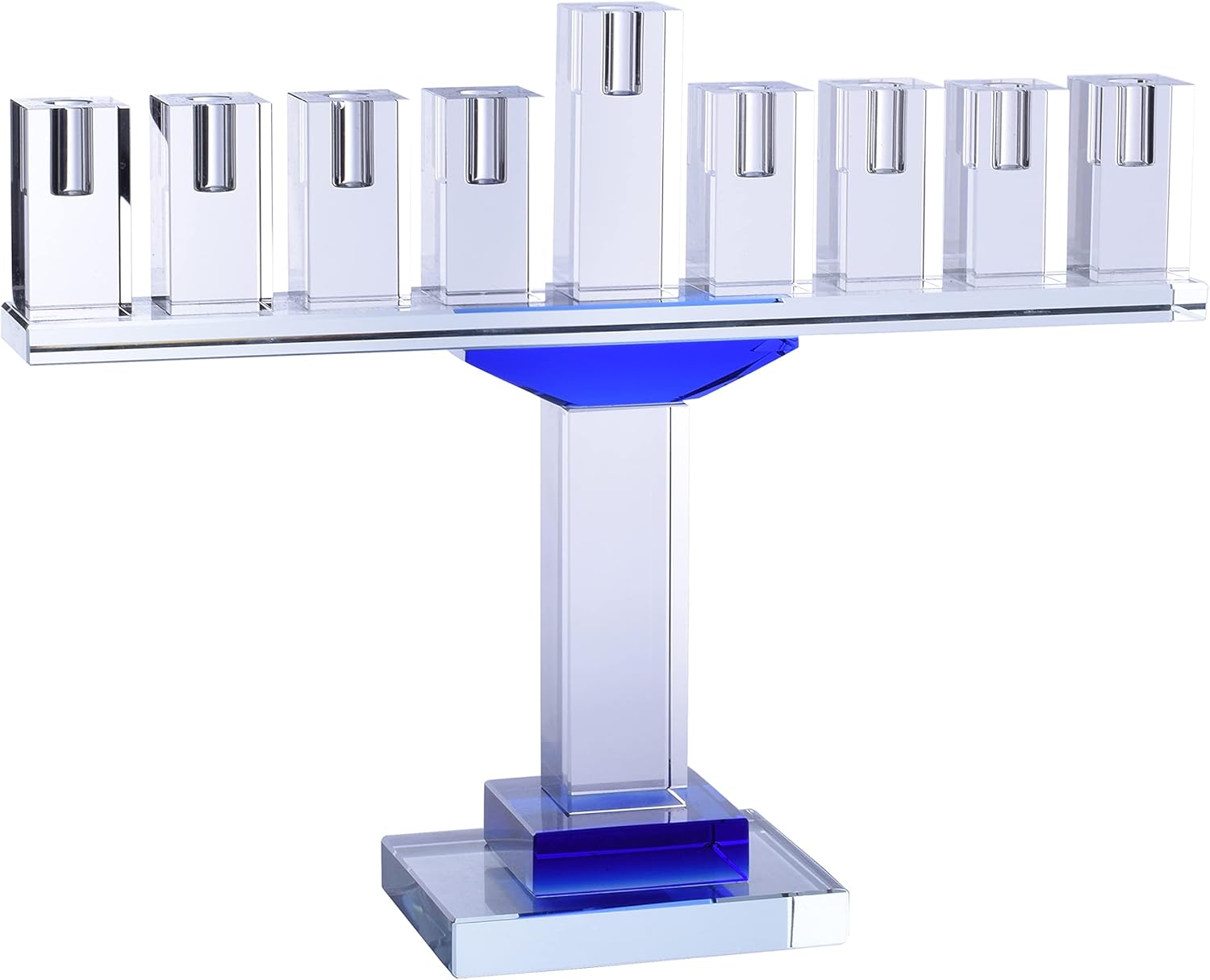 Ner Mitzvah Blue Crystal Hanukkah Menorah, Fits All Standard Chanukah Candles, Modern Crystal Glass Candle Menorah for Chanukah - 9 inch High