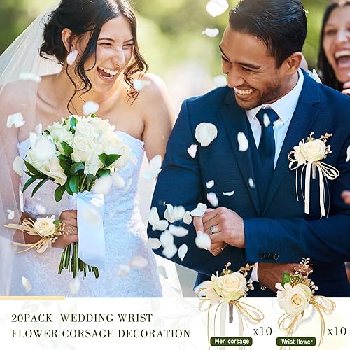 Miniatura 2 de Juego de 20 ramilletes de rosas y boutonniere, ramillete de muñeca de flores, pulsera de pulsera para novio y hombre, boutonniere de boda, flor de