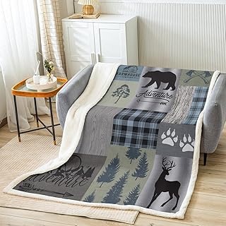 Deer Bear Bed Blanket,Grey Green Geometric Plaid Patchwork Throw Blanket for Kids Teens Girls,Pine Animals Plants Fleece Blanket Rustic Farmhouse Fuzzy Blanket for Chair Sofa Decor,90