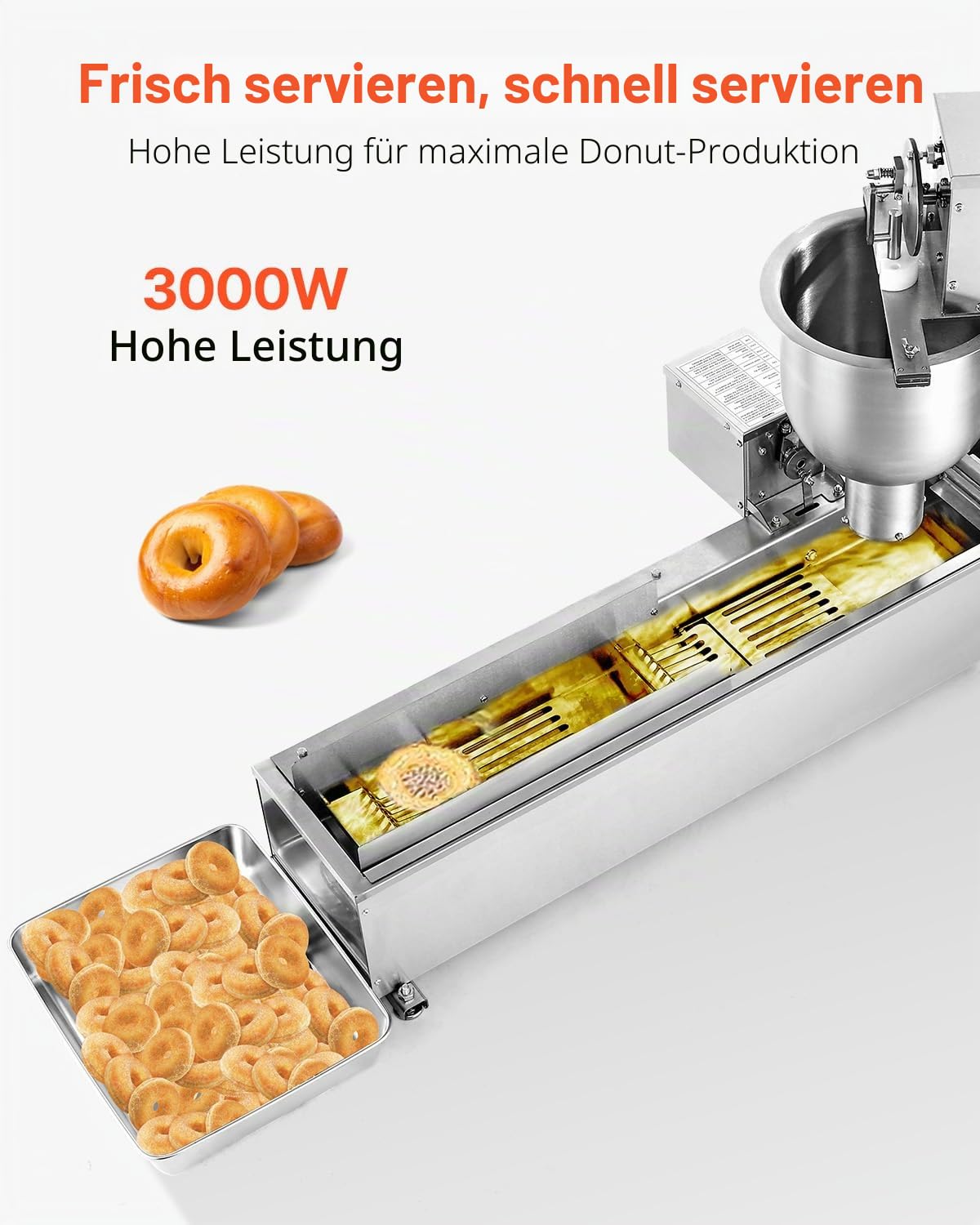 VEVOR kommerzielle automatische Donut Maschine Maker, einreihige Herstellungsausrüstung aus Edelstahl (90 Stk./h) elektrische Donut-Fritteuse mit 3 Formengrößen für Bäckereien Restaurants Café
