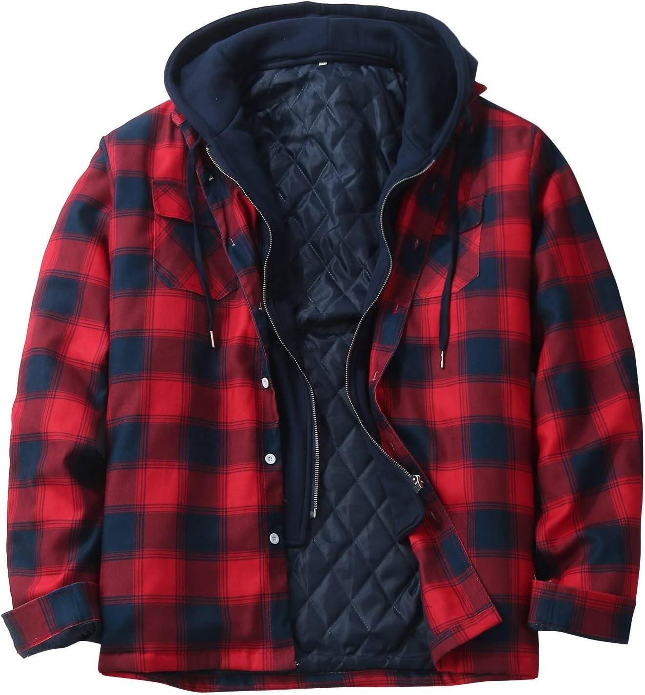 evzosrz Mens Flannel Jacket with Removable Hood Button Down Casual Thick Warm Fleece Lined Quilted Plaid Jackets Winter Coat