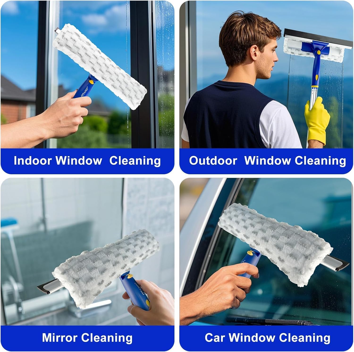 ITTAHO 86.6" Window Squeegee Cleaner,2 in 1 Window Cleaning Tool Kit,Shower Squeegee with Extension Pole，Glass Cleaning Tools for Shower Glass,Indoor/Outdoor High Window Cleaning-Two Pads