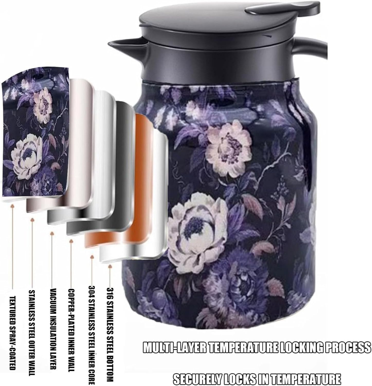 Vintage Floral Pattern Tea, Tea Pot Built-In Infuser, Stainless Steel Teapot Carafe with Lid for Hot Drinks (Style A,1000ml)