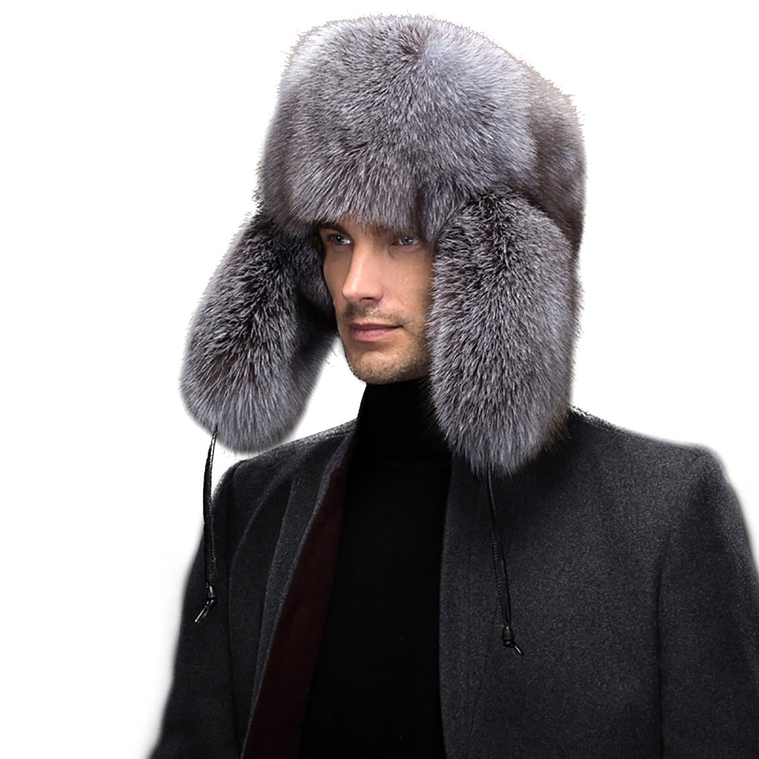 URSFUR Men's Silver Indigo Fox Full Russian Trooper Hat Caps