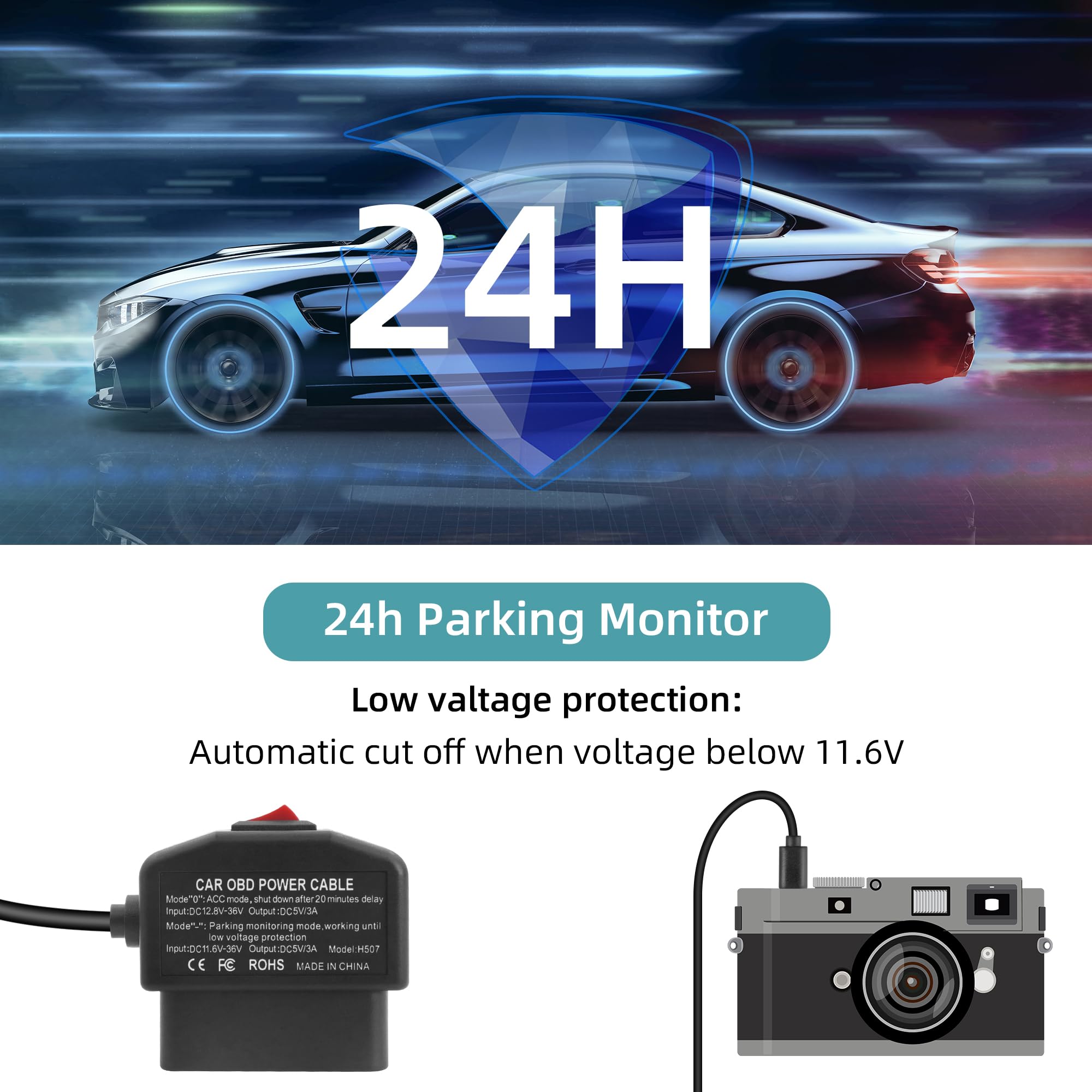 REARMASTER Dash Cam Telecamera Cavo di alimentazione con Interruttore