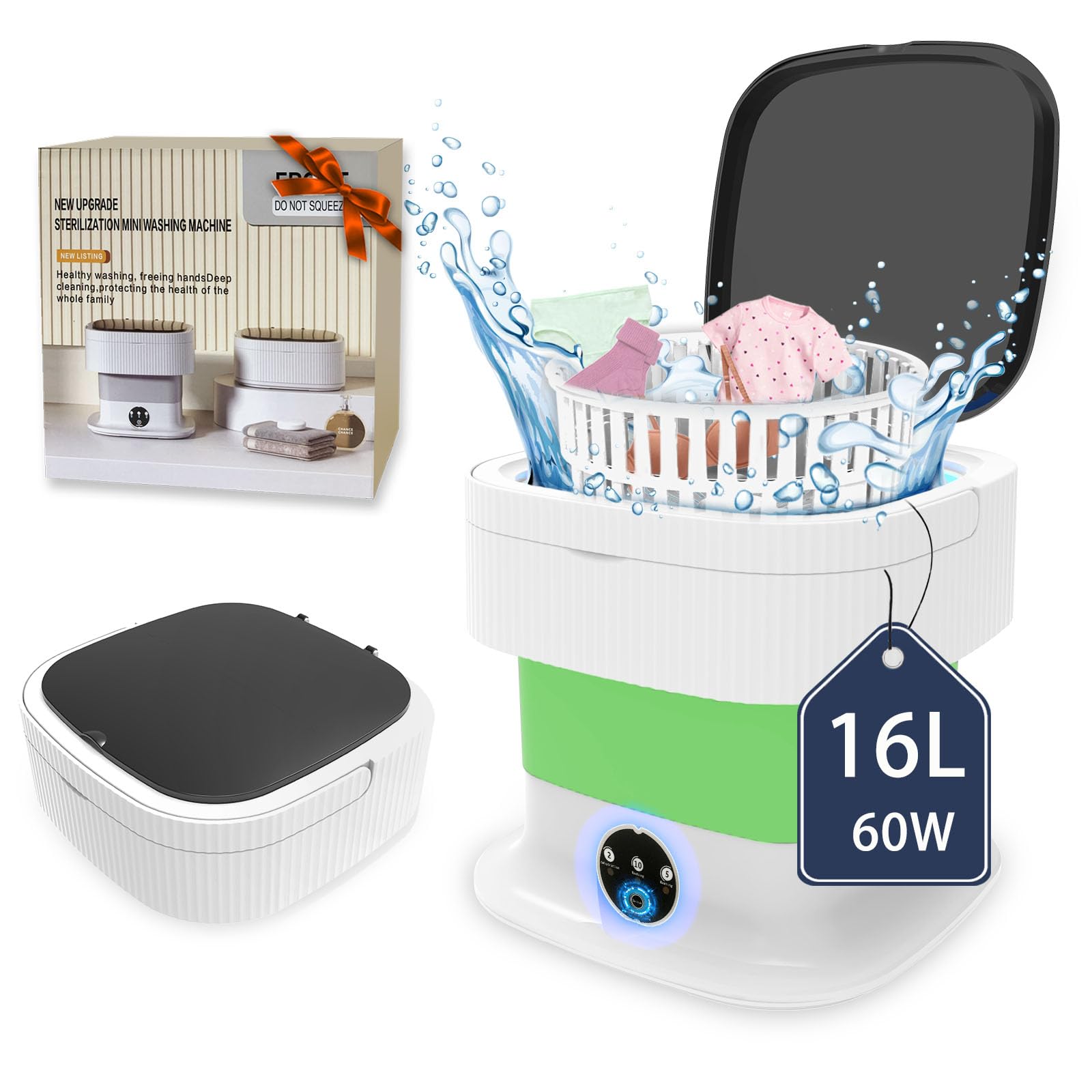 Portable Washing Machine, Mini Washer and Dryer, 16L Folding Lavadora Portatil, 60W Collapsible Small Compact Clothes Laundry with Spin for Underwear, Baby Clothes, Socks（Green)