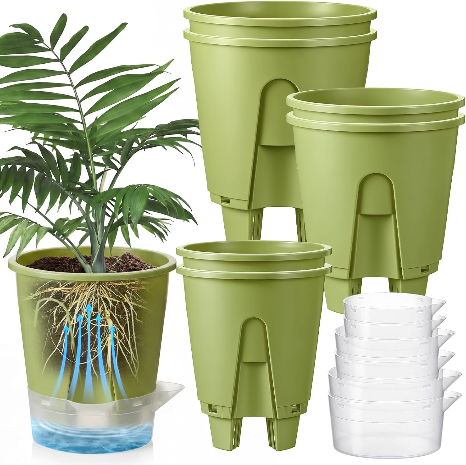 Wonderjune 6 Pcs Self Watering Plant Pots, 4.72''/ 5.91''/ 7.09'' Nursery Pots with Deep Reservoir & High Drainage Holes for Outdoor Plants and Flowers, Bare Root Planter (Green)