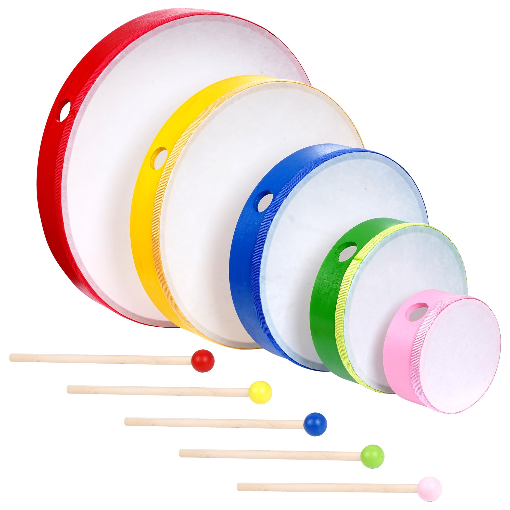 Nydotd Lot de 5 tambours à main avec cadre en bois - 30,5 cm, 25,4 cm, 25,4 cm, 20,3 cm, 15,2 cm, 10,2 cm, multicolore pour loisirs, spectacles musicaux, fournitures de fête à la maison
