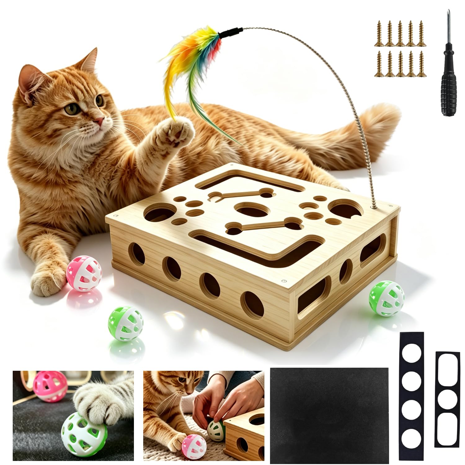 Giochi Interattivi per Gatti in Legno Massello 2 in 1 con Carta Abrasiva | Giochi Gatto Tiragraffi Cartone Gioco Gatto con Carta Abrasiva Bacchetta di Piume Tre Palline Sonagli Dimensione 30X25X7,8 cm