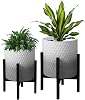 2 Set Plant Pot with Stand 10 & 12 inches, Mid-Century Large Planter with Legs for Indoor Plants, Boho Print Standing Plant Pot with Drainage Plug for Monstera, Herb, Succulent Flower Pot