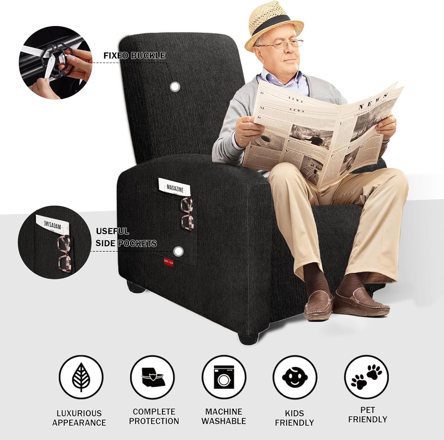 3 Pieces Plush Fabric Extra Small Recliner Chair Covers Stretch Recliner Slipcover for Lazy Boy Wide Recliner Chair Washable (Black)