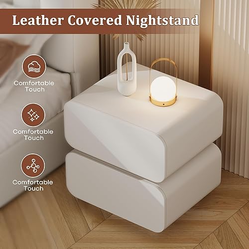 Miniatura 6 de Moderna mesita de noche, mesita de noche con 2 cajones, mesitas de noche minimalistas con cuero de microfibra, mesa auxiliar para sala de